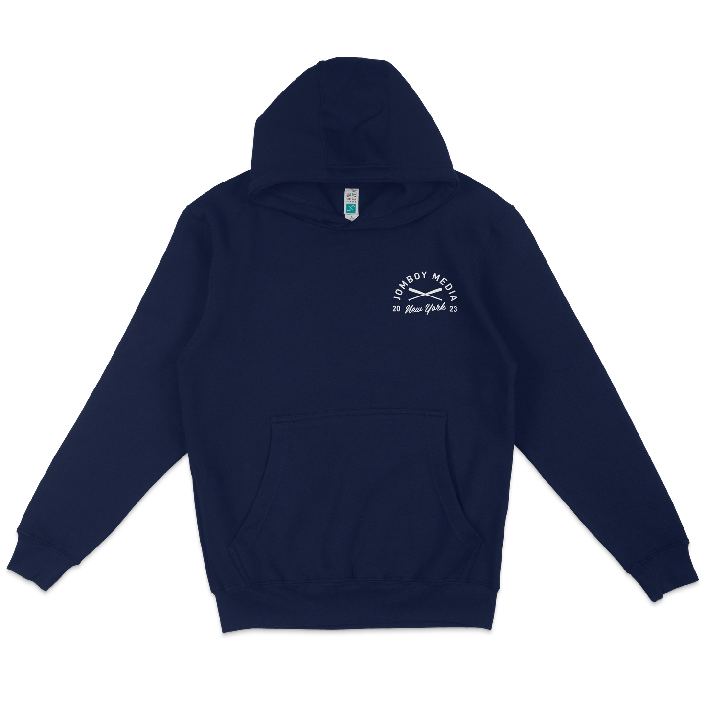 Navy blue hoodie featuring the JM Coat of Arms logo with "Omboy Media" and "New York 2023" text on the chest.