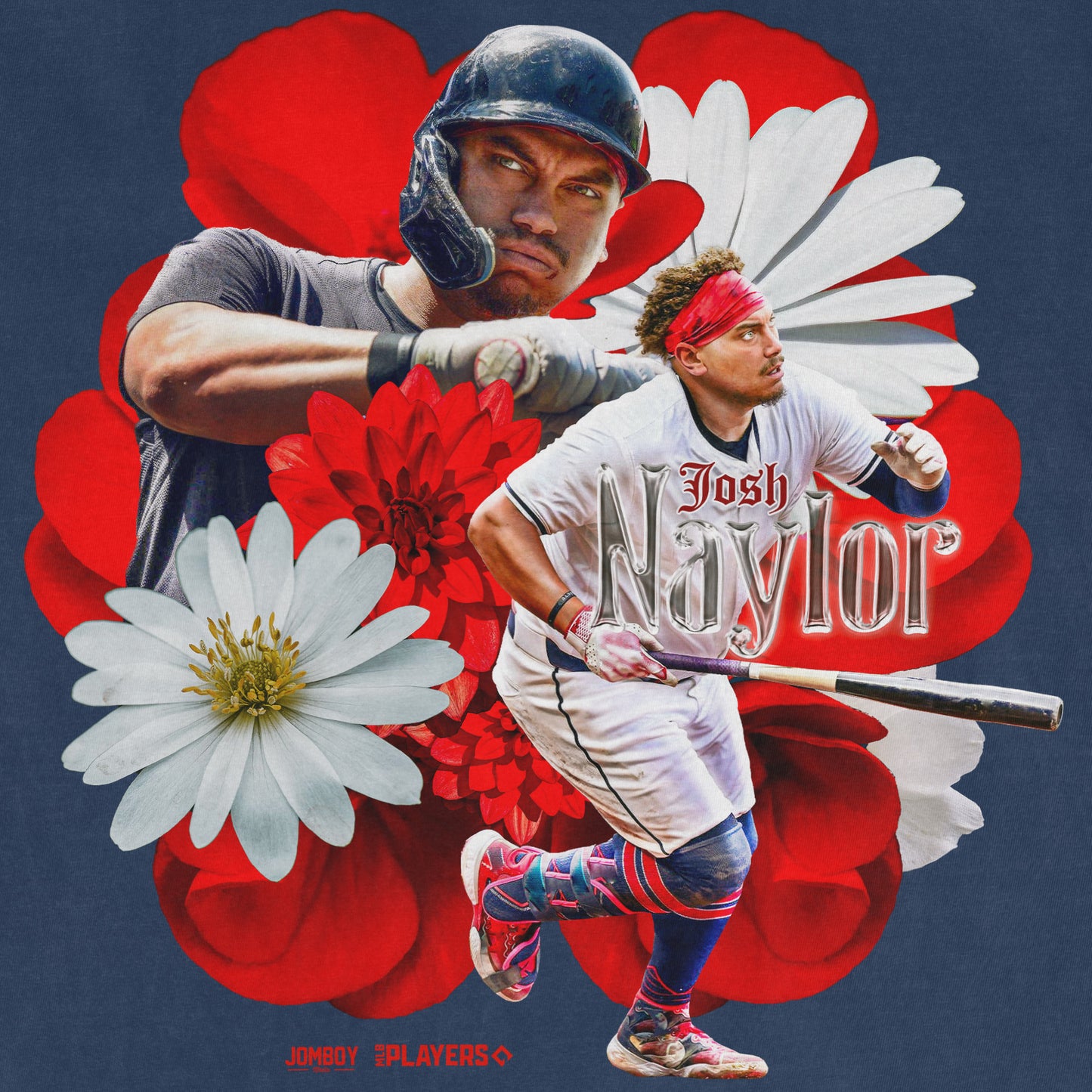 A collage featuring baseball player Josh Naylor in uniform, surrounded by red and white flowers, with his name in metallic text.