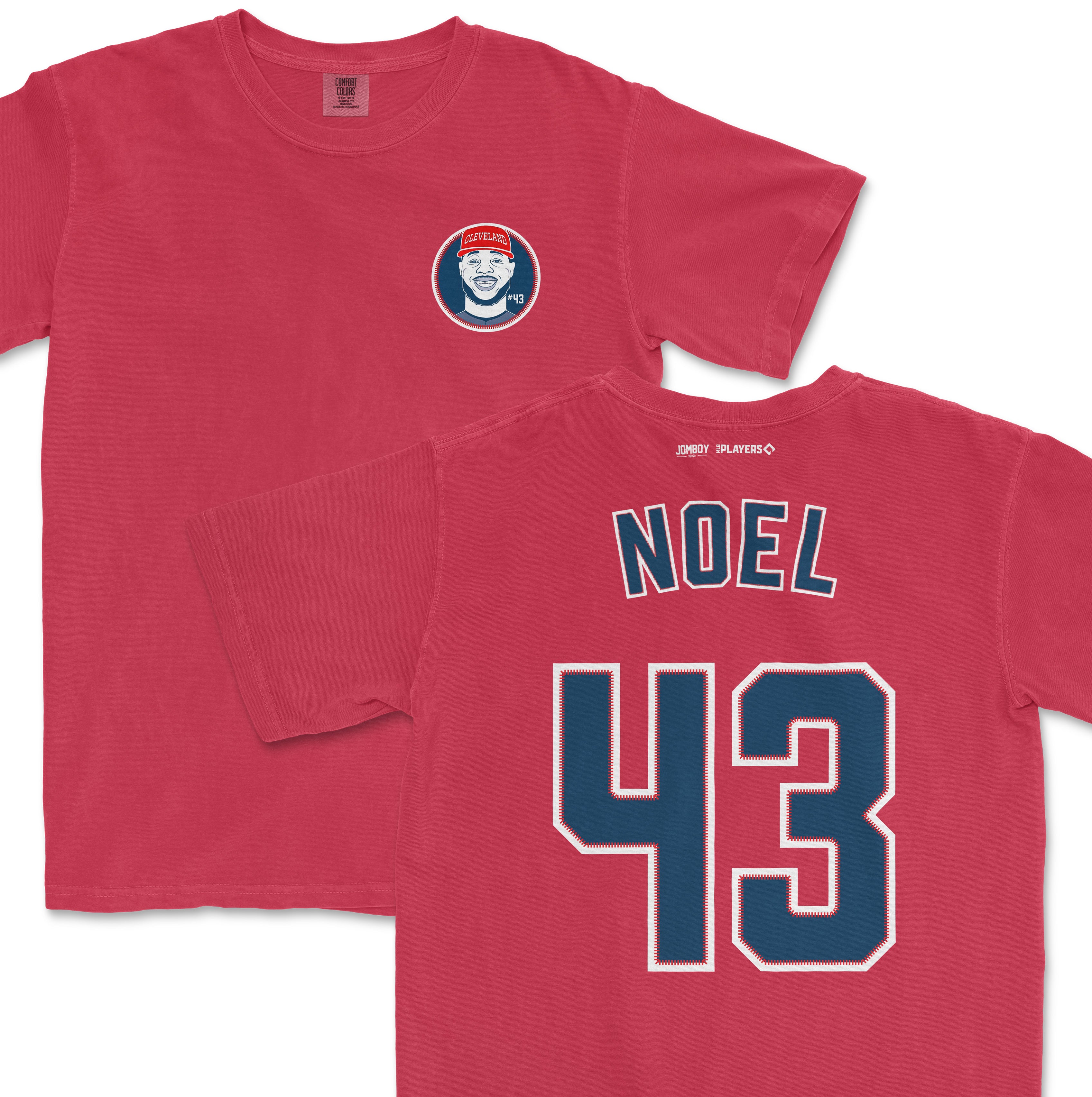 Red Comfort Colors tee featuring a Cleveland basketball player graphic on the front and "NOEL 43" jersey-style print on the back.