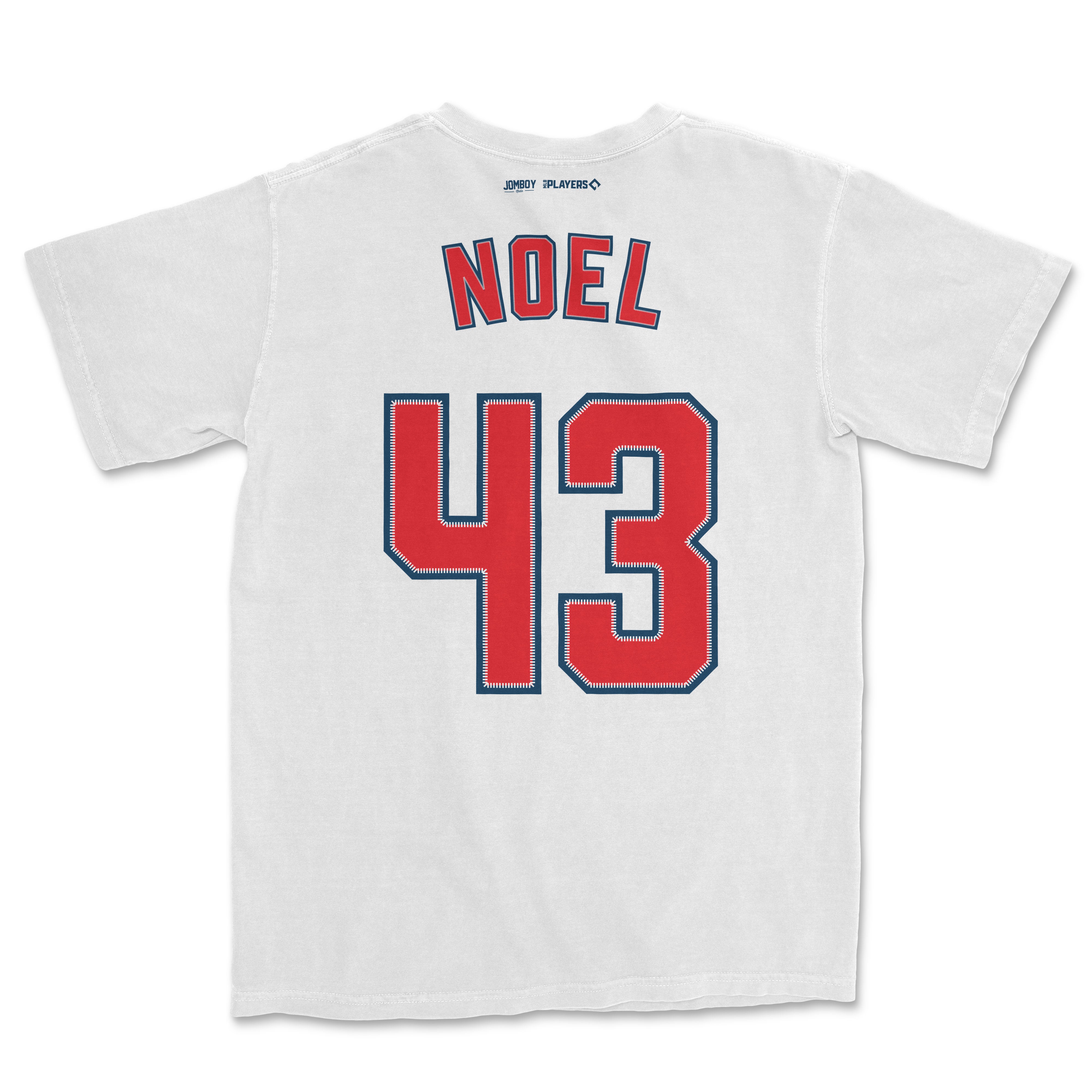 White Comfort Colors T-shirt featuring "Noel" and the number 43 in red and blue varsity-style lettering on the back.