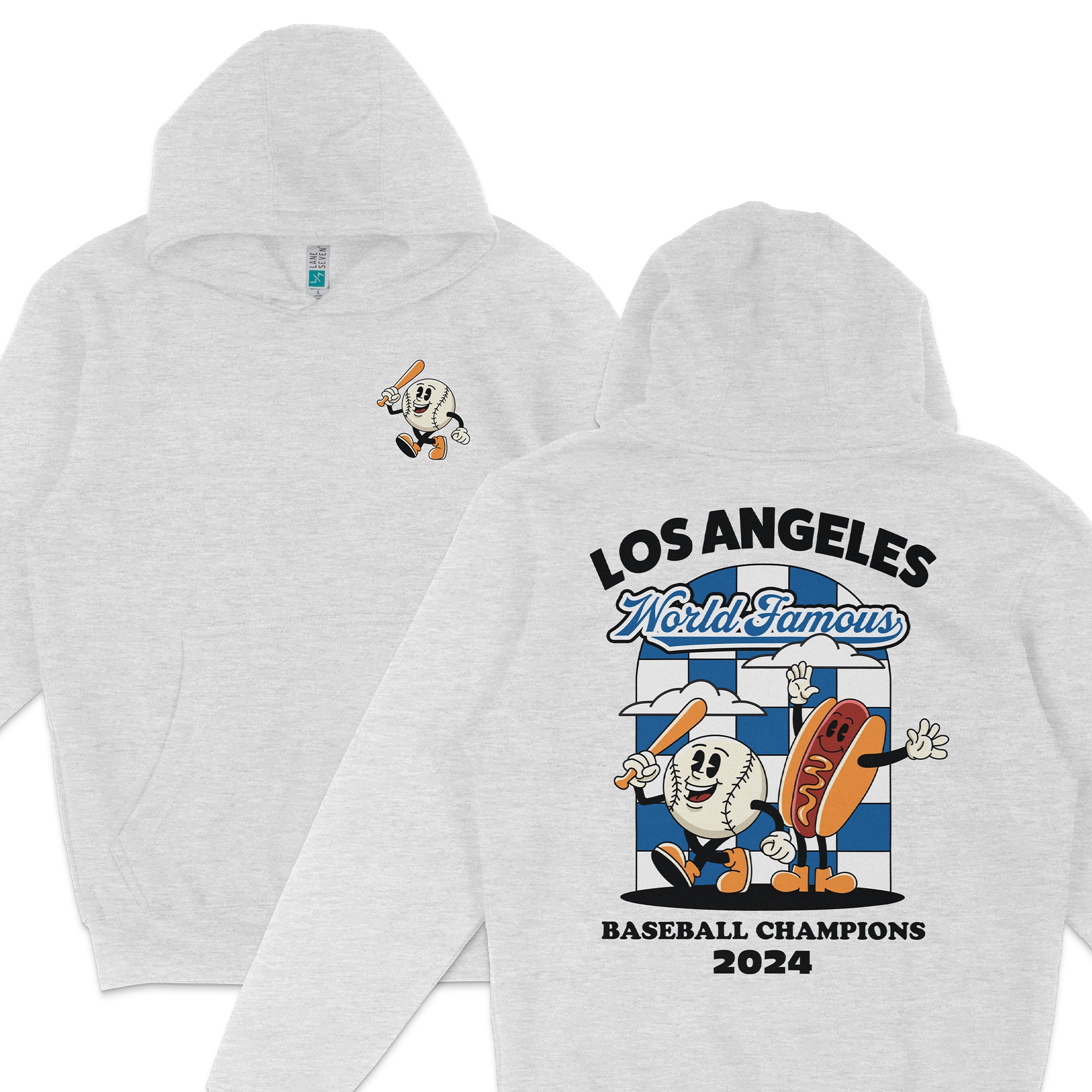 Gray hoodie featuring cartoon baseball and hot dog characters celebrating Los Angeles 2024 World Famous Baseball Champions.