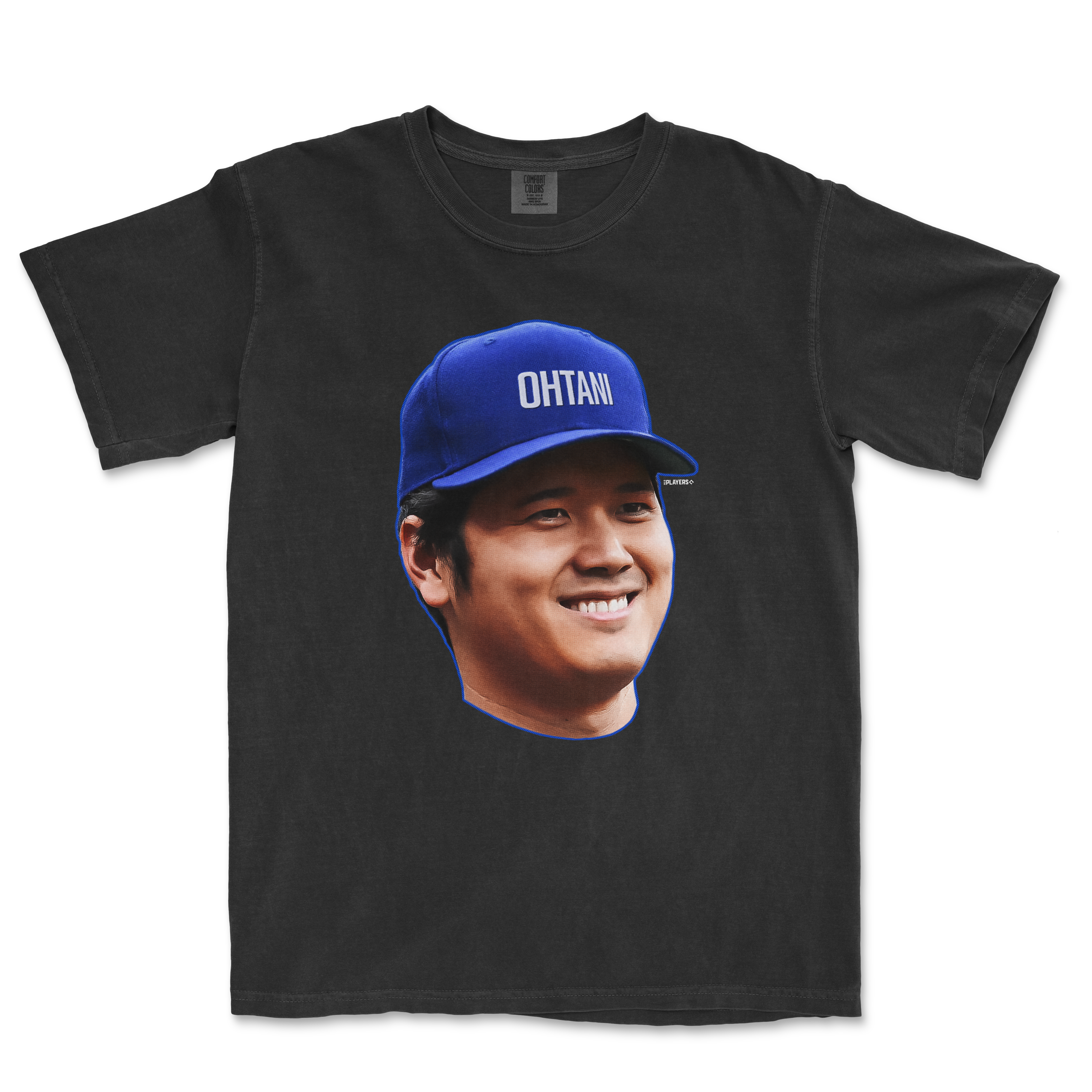 Black t-shirt featuring a graphic of Shohei Ohtani smiling, wearing a blue cap with "OHTANI" printed on it.