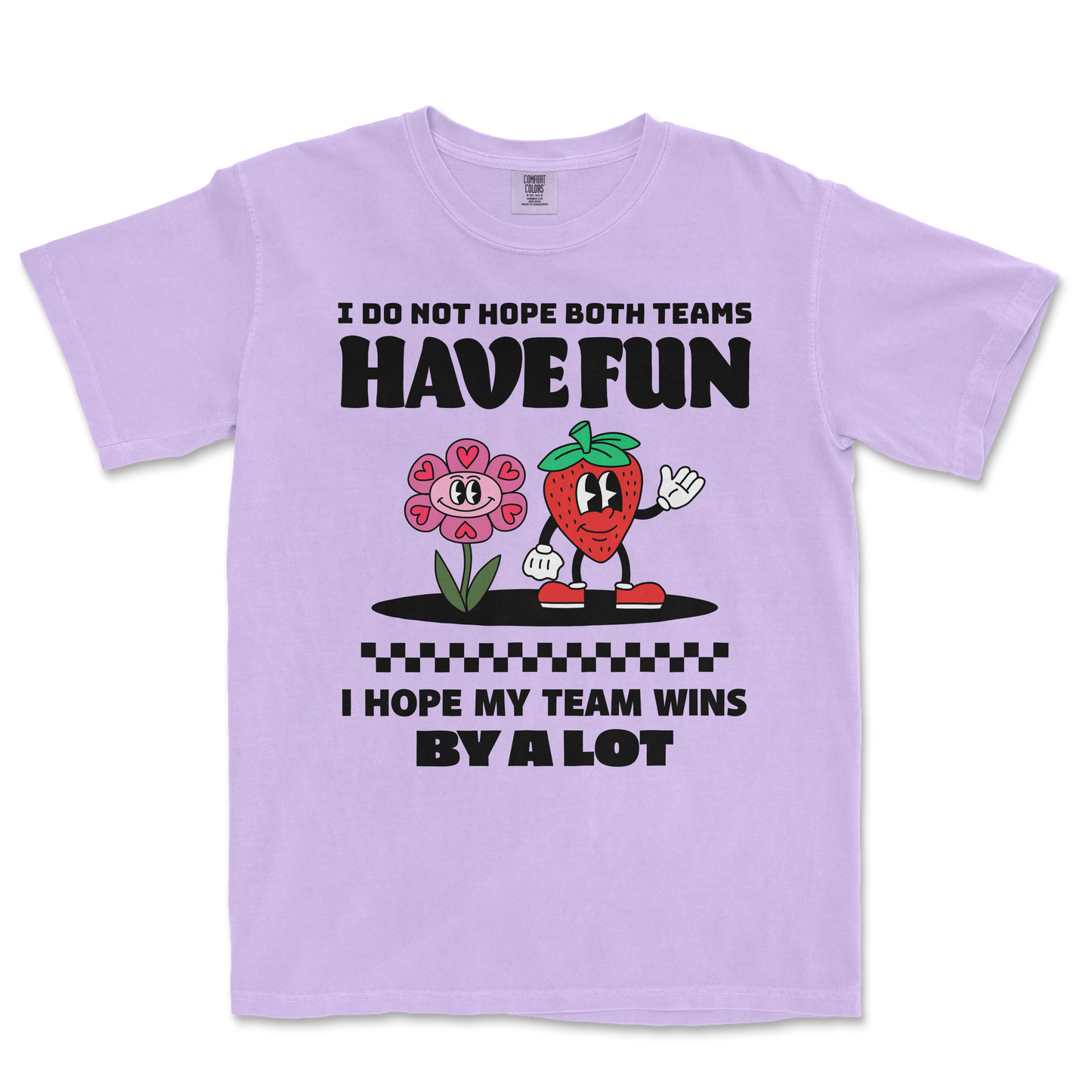 Lavender Comfort Colors T-shirt with playful text and cartoon strawberries and flowers, expressing hope for a team’s victory.