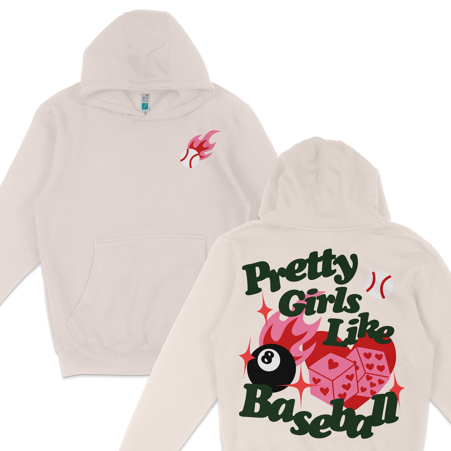 White hoodie with "Pretty Girls Like Baseball" graphic, featuring a flaming baseball, 8-ball, and dice design on the back.
