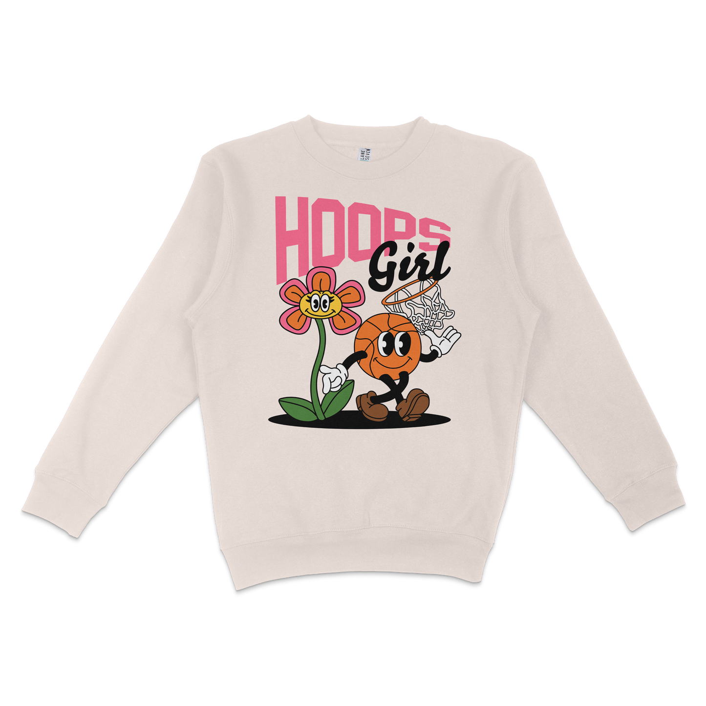 White crewneck sweatshirt featuring a colorful cartoon basketball character, flower, and "Hoops Girl" text design.