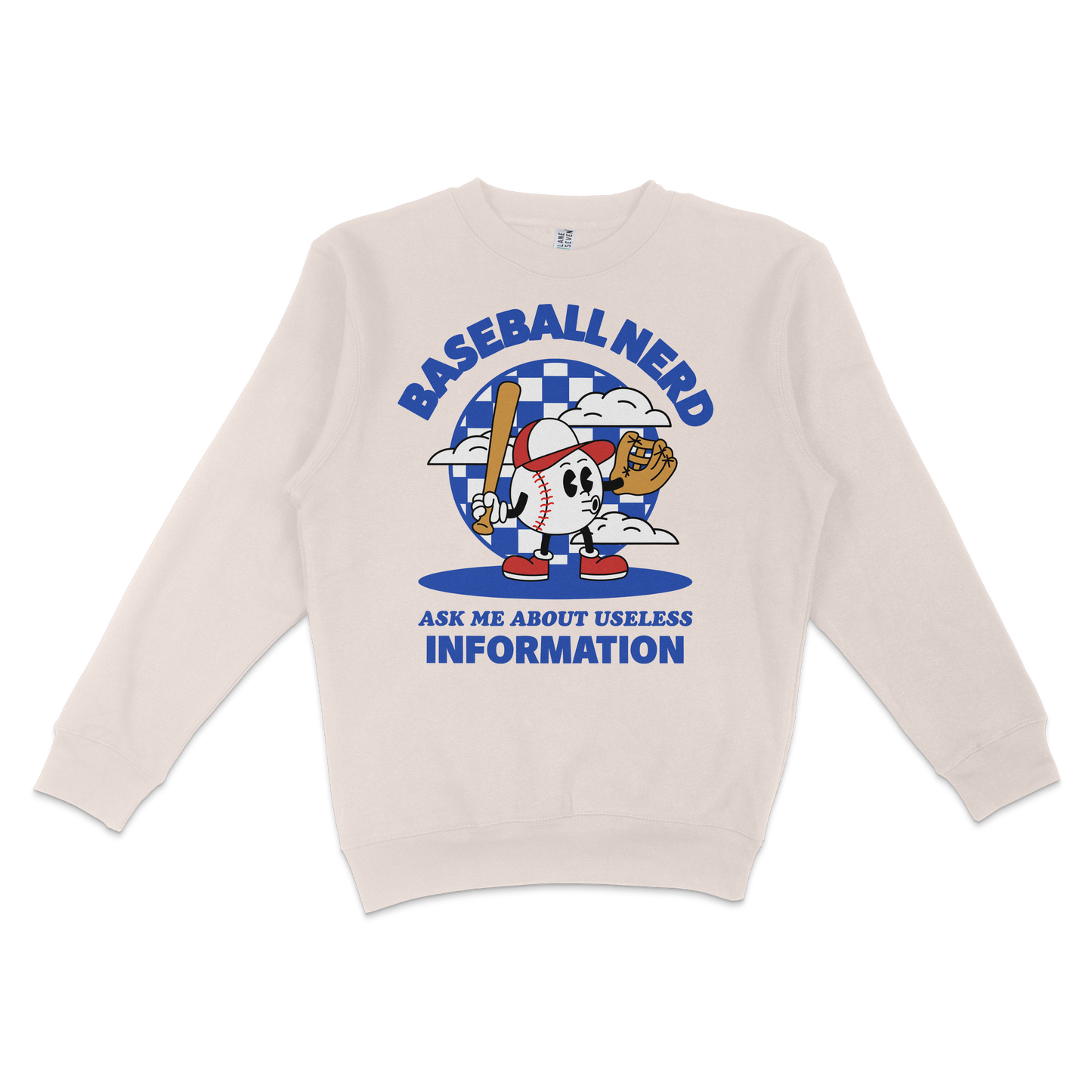 Cream crewneck sweatshirt featuring a cartoon baseball character with a bat and glove, surrounded by clouds and checkered background, with bold blue text.