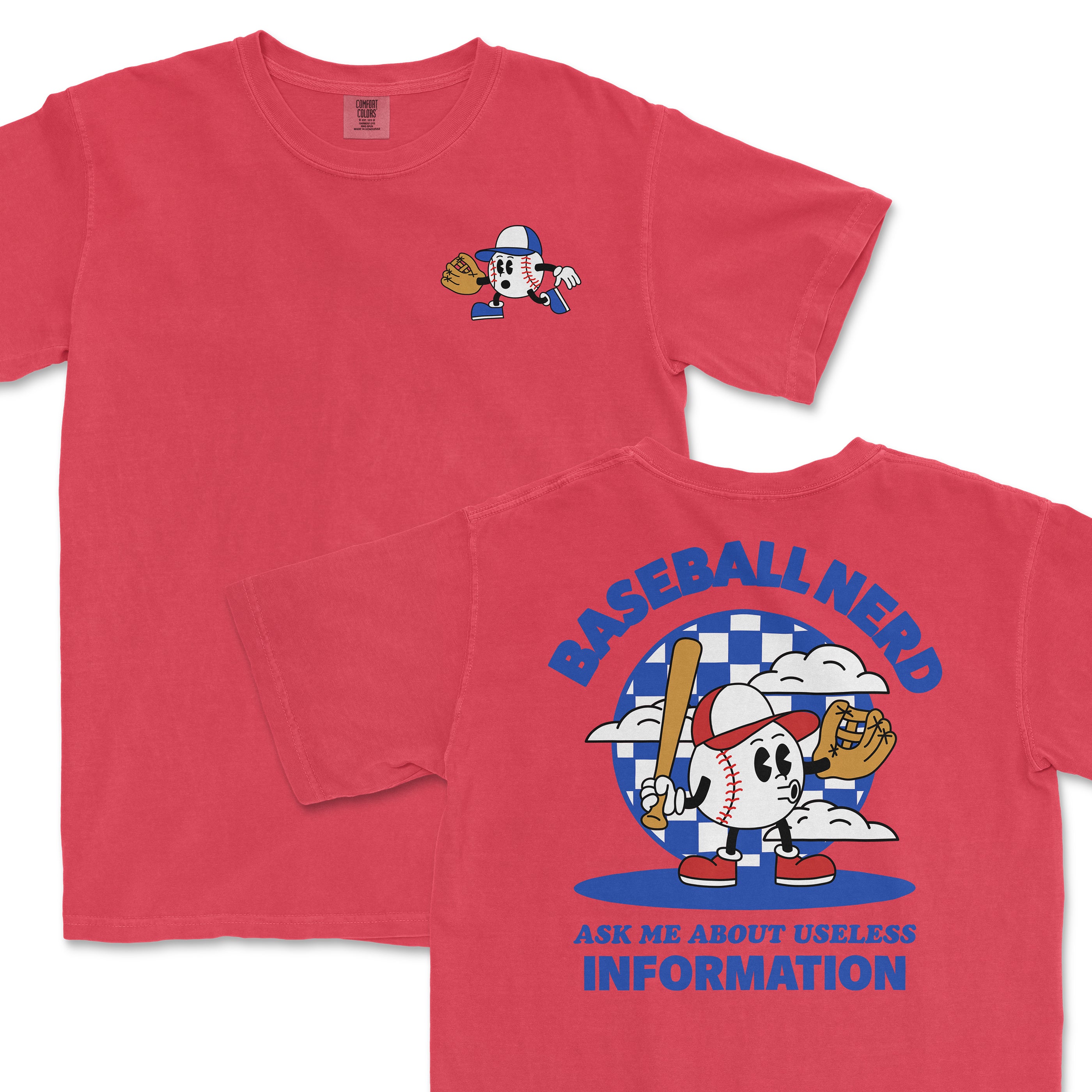 Red Comfort Colors T-shirt featuring a cartoon baseball character with a glove on the front and a playful "Baseball Nerd" design on the back.