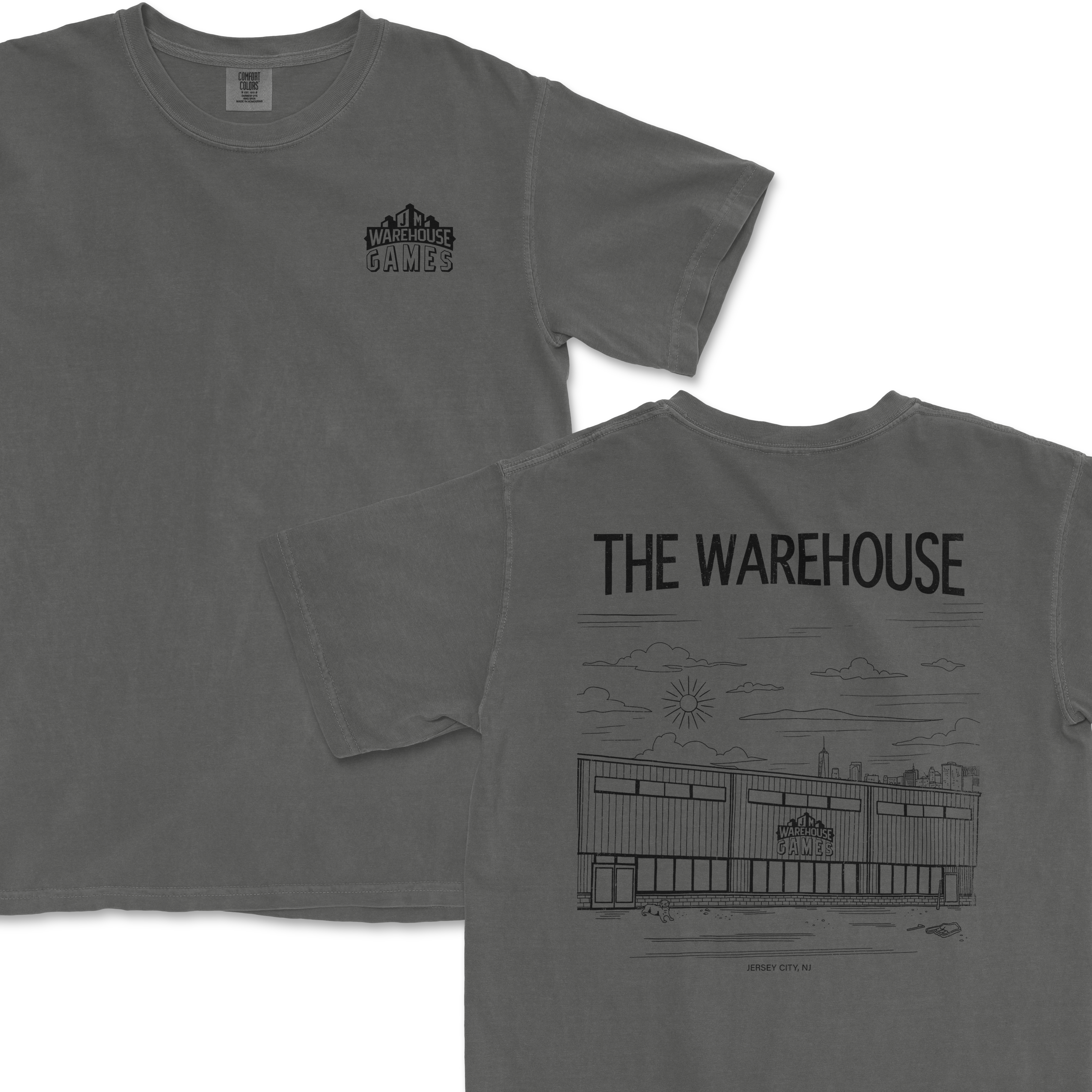 Gray T-shirt featuring "The Warehouse" logo on the front and a detailed illustration of the warehouse building on the back.