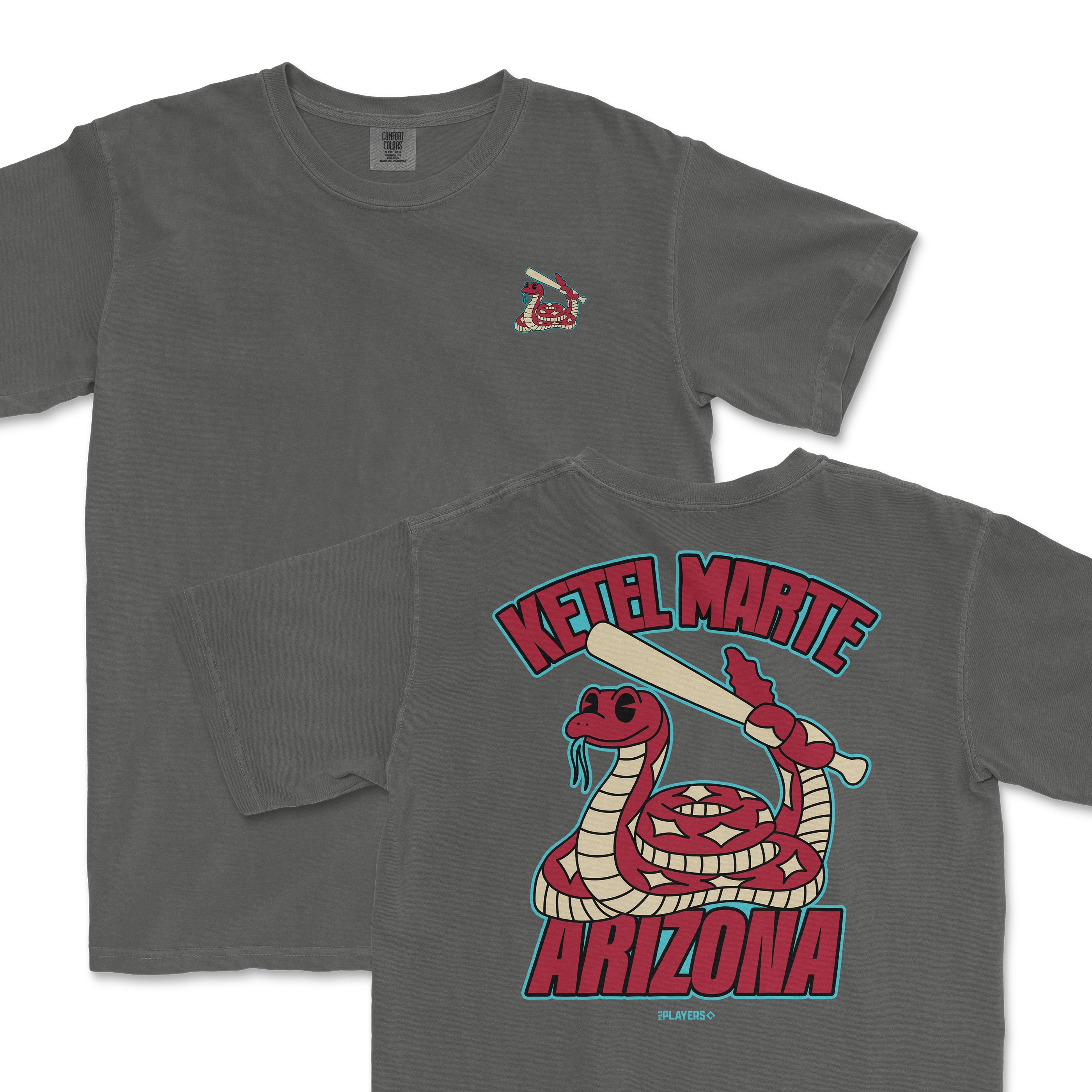 Gray t-shirt featuring a summer cartoon design of a snake and bat, with "Ketel Marte" and "Arizona" text on the back.