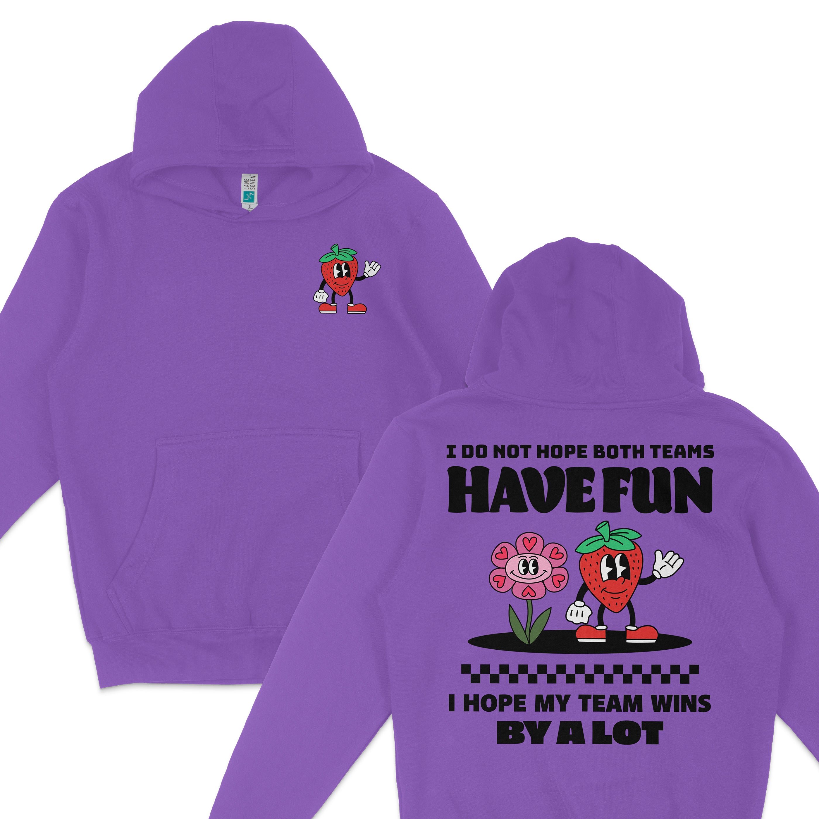 Purple hoodie with a strawberry character on the front and a floral character on the back, featuring playful sports-themed text.