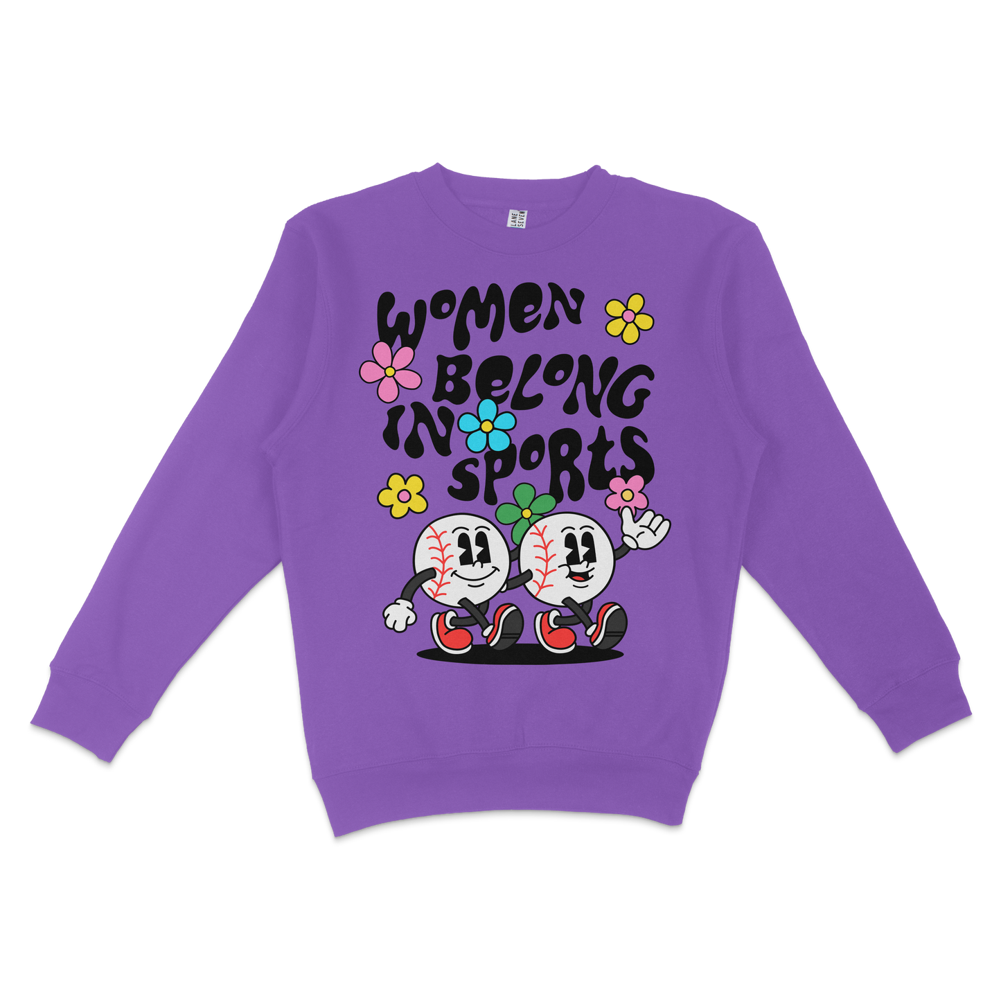 Purple sweatshirt featuring cartoon baseballs with smiling faces, colorful flowers, and the text "Women Belong in Sports.