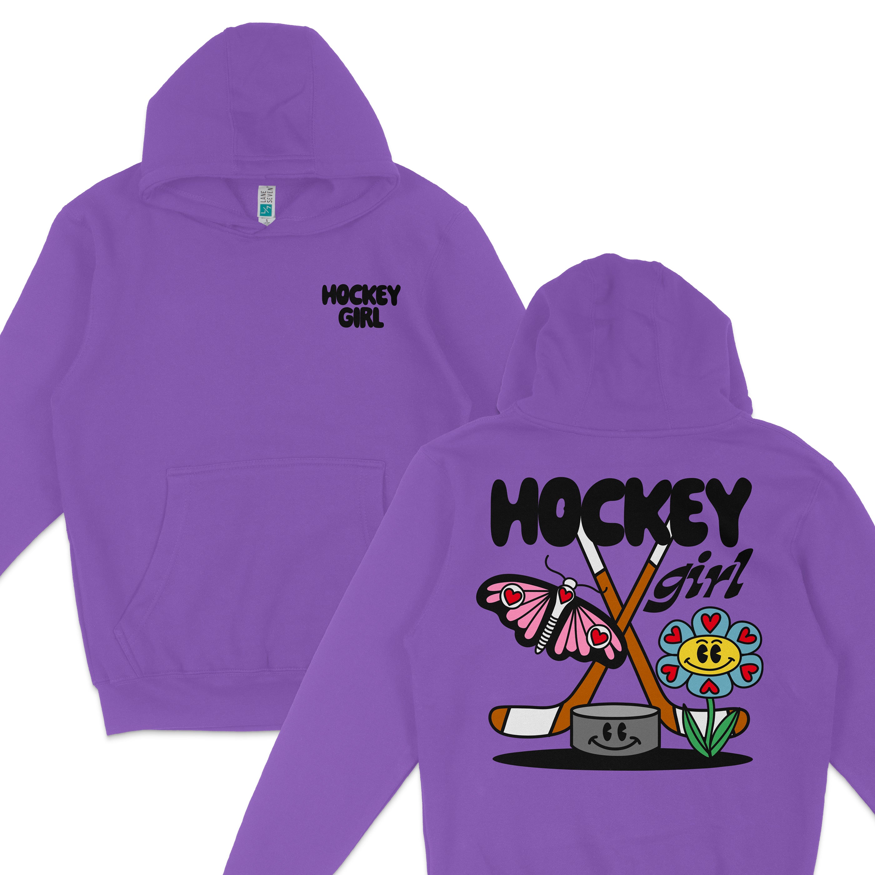 Purple hoodie with "Hockey Girl" text, featuring a colorful design of a butterfly, hockey sticks, a smiling flower, and a hockey puck.