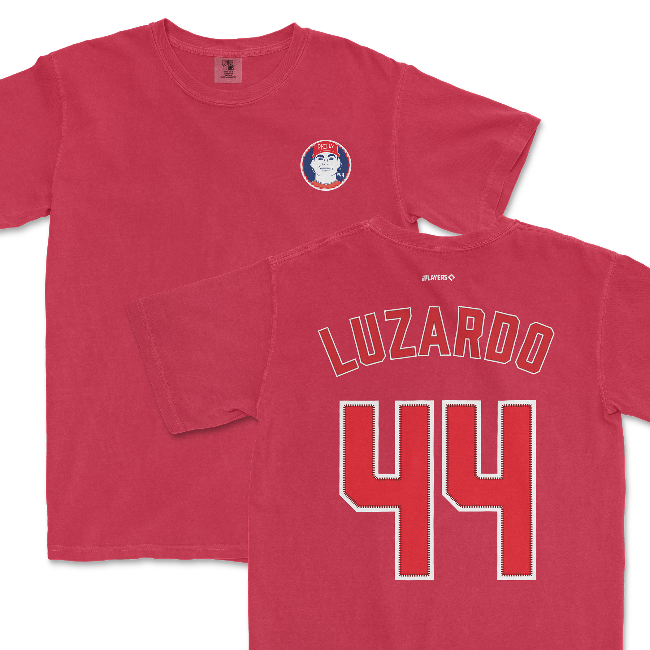 Jesús Luzardo Shirsey in red featuring his name and number 44 on the back, with a logo on the front. Perfect for fans.