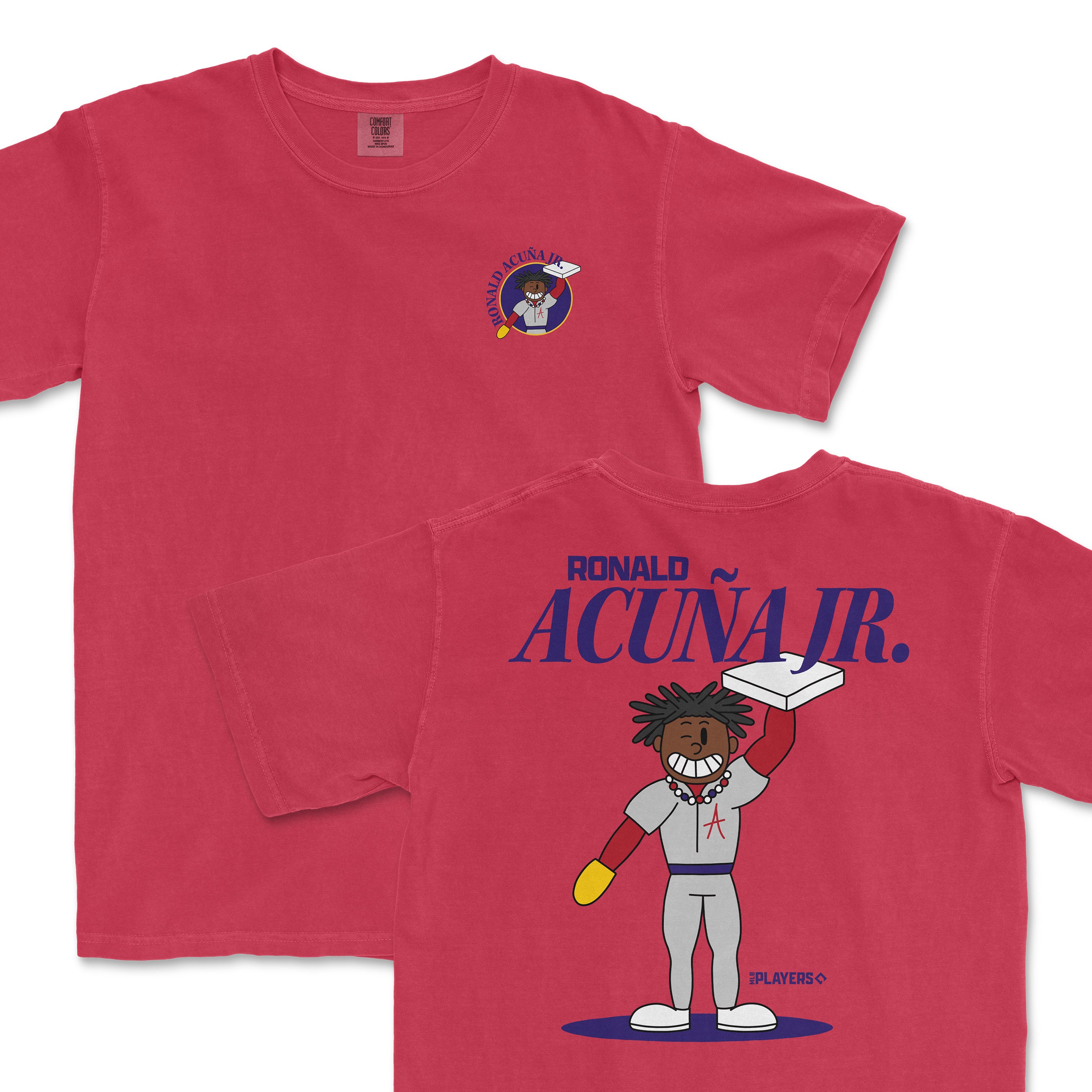 Ronald Acuña Jr. summer cartoon t-shirt in red featuring a playful graphic on the front and back.