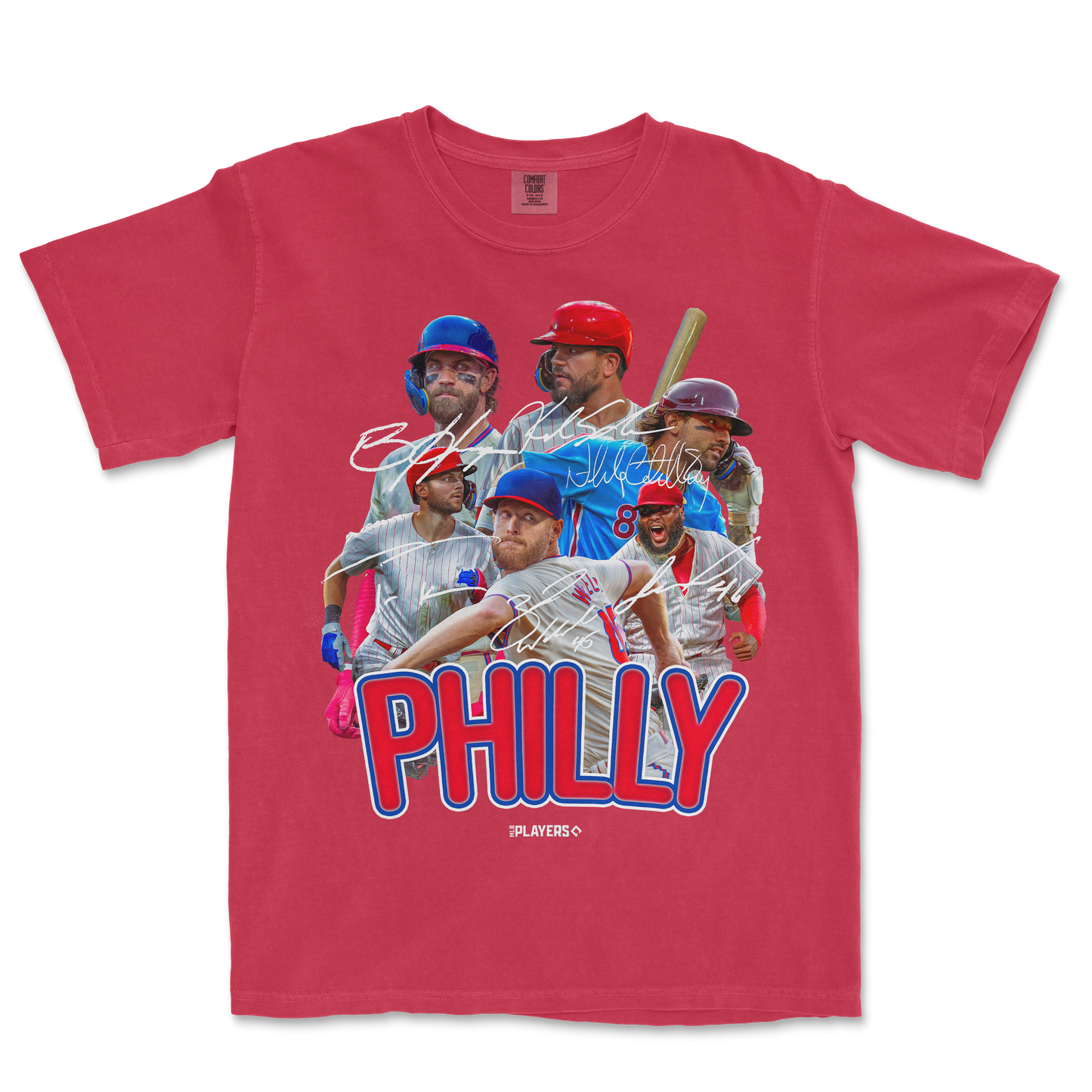 Red PHI Signature Series T-shirt featuring a collage of baseball players, signatures, and "PHILLY" text in bold blue and red.