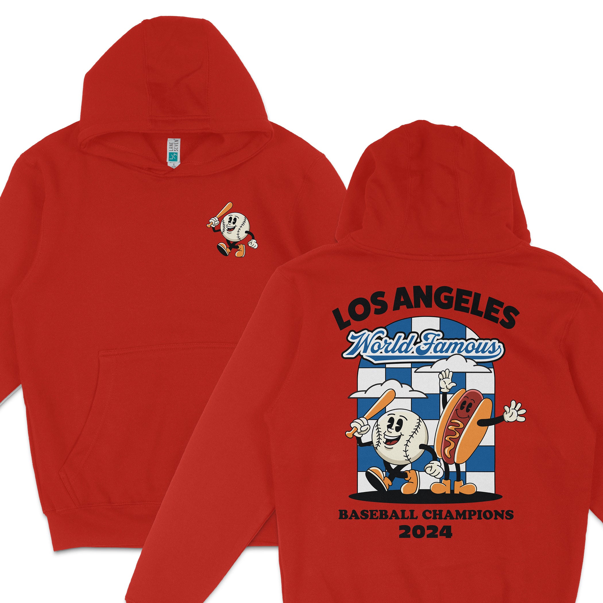 Red hoodie featuring cartoon baseball characters, "Los Angeles World Famous Baseball Champions 2024" printed on the back.