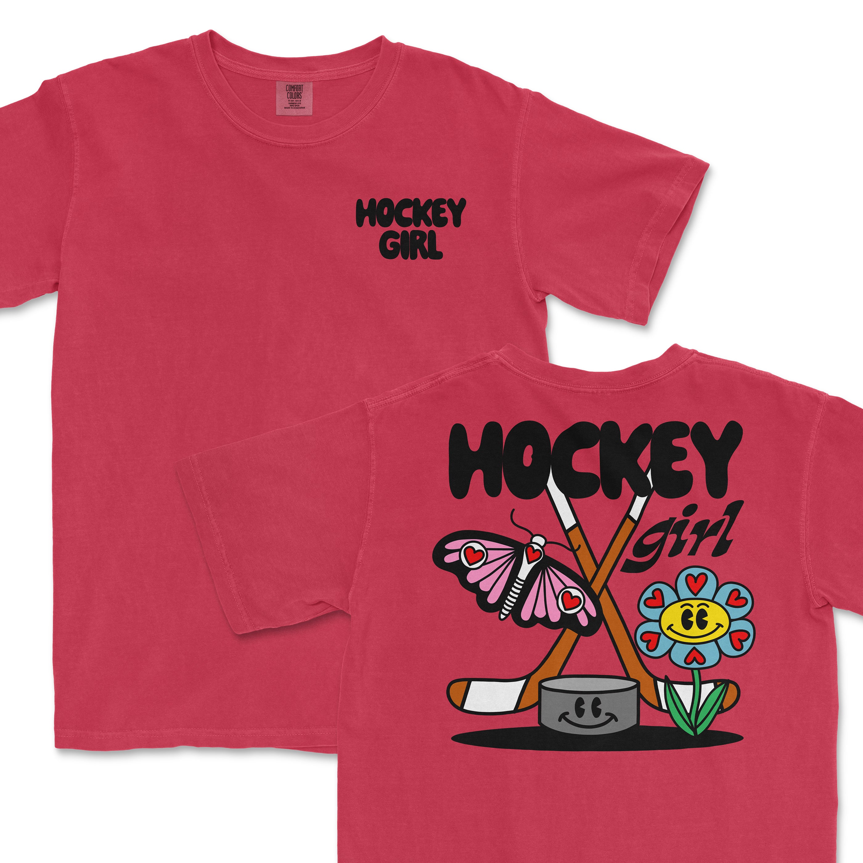 Pink Comfort Colors tee featuring "Hockey Girl" text on the front and playful hockey-themed graphic with a butterfly, flower, and crossed hockey sticks on the back.