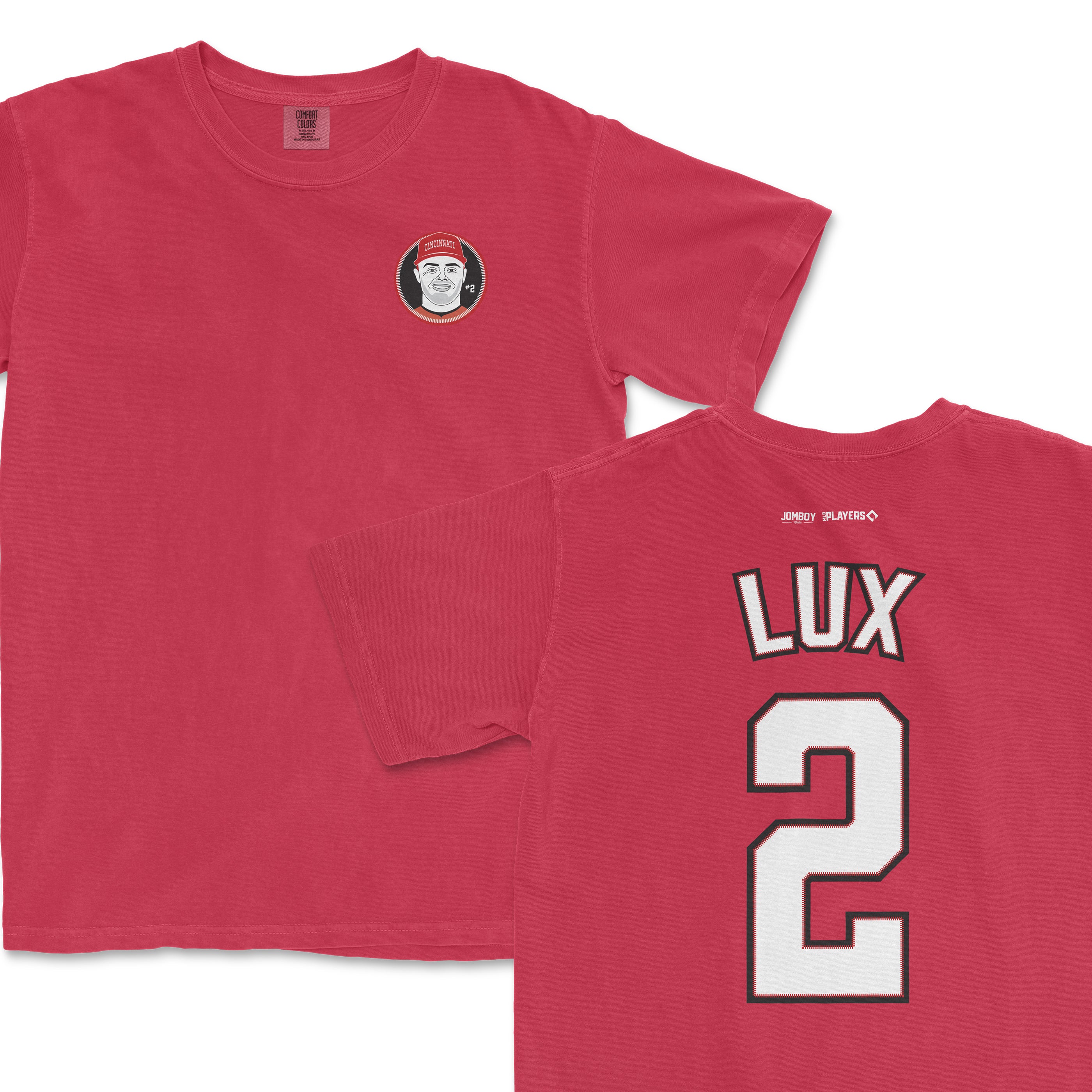 Red Comfort Colors tee featuring Gavin Lux's name and number 2 on the back, with a small team logo on the front.