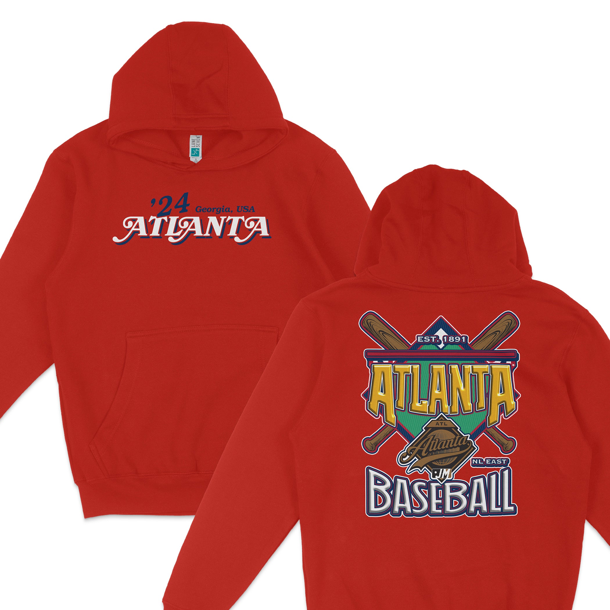 Red pullover fleece hoodie featuring Atlanta baseball team graphics, text, and crossed bats on the back.