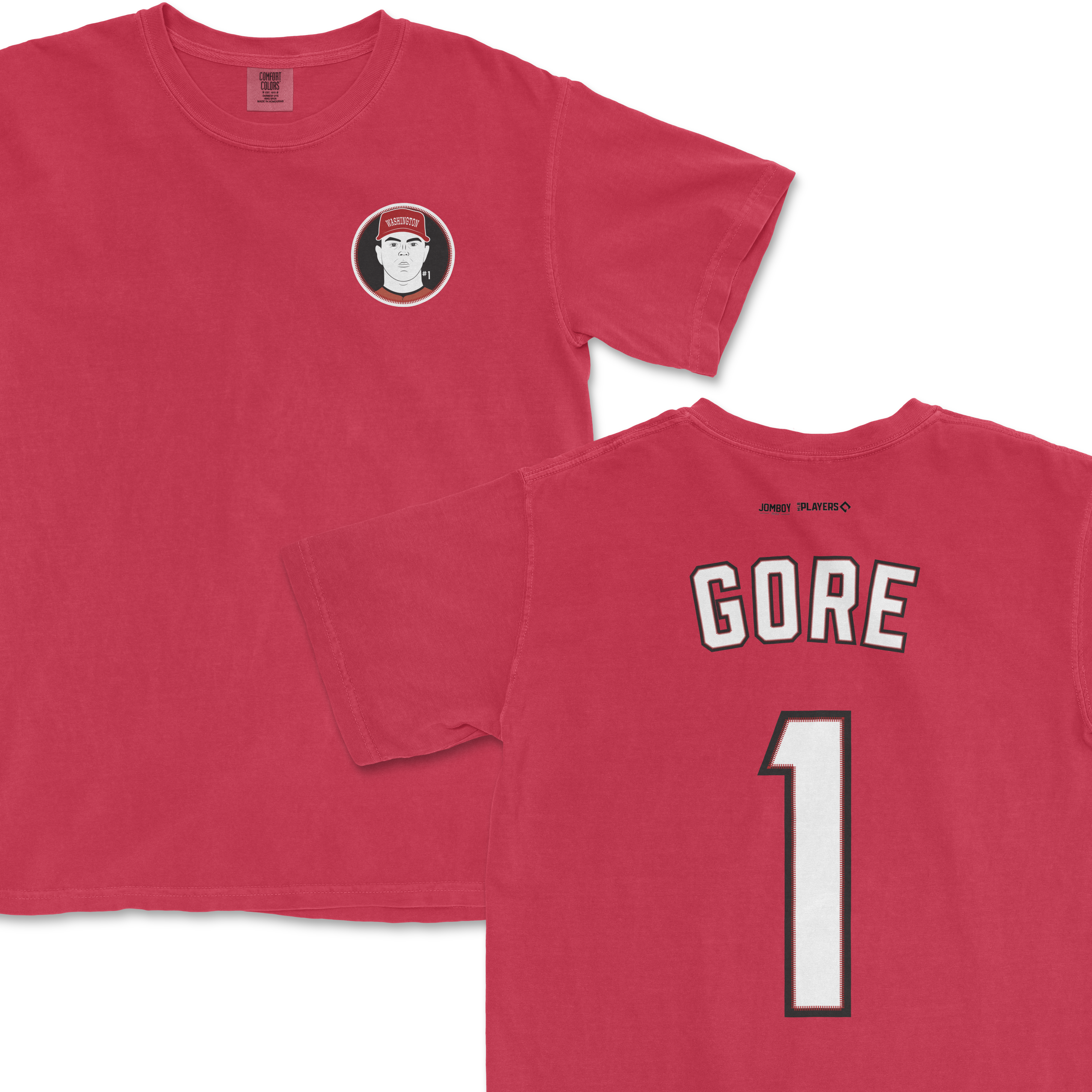 Red Comfort Colors tee featuring a MacKenzie Gore graphic on the front and "GORE 1" sports jersey-style back design.