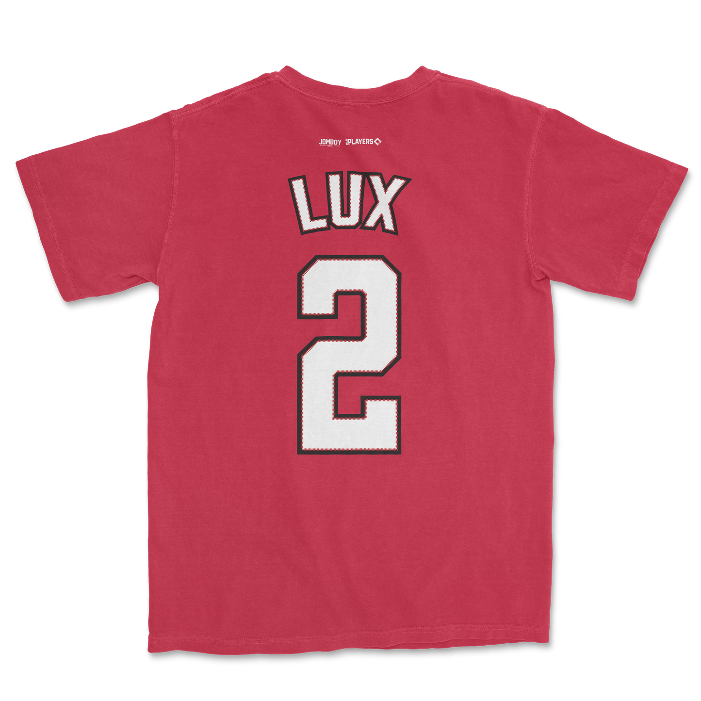 Red Comfort Colors tee featuring "Lux 2" and "Gavin Lux shirsey" printed on the back, perfect for baseball fans.