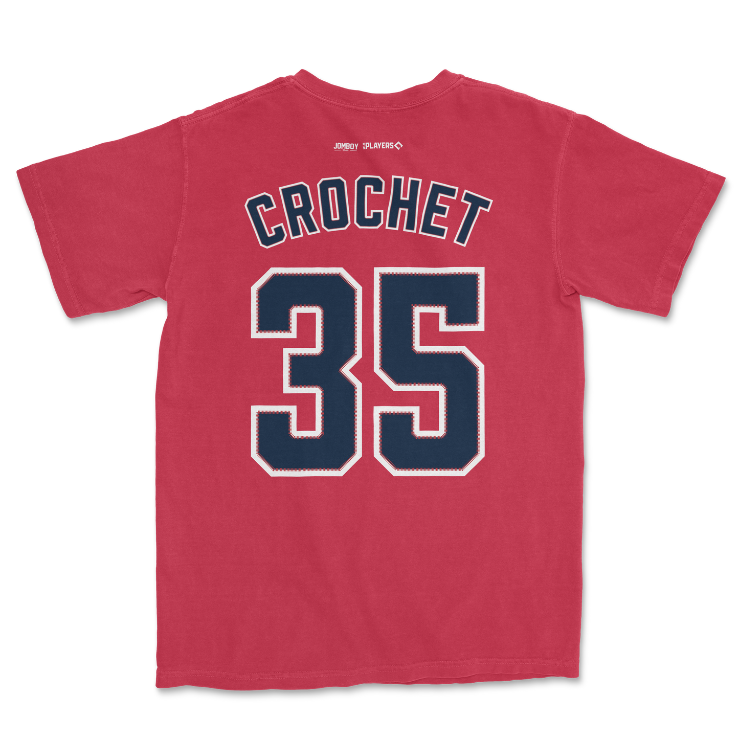 Red comfort colors tee featuring "Crochet 35" in navy and white lettering, with small sponsor logos above.