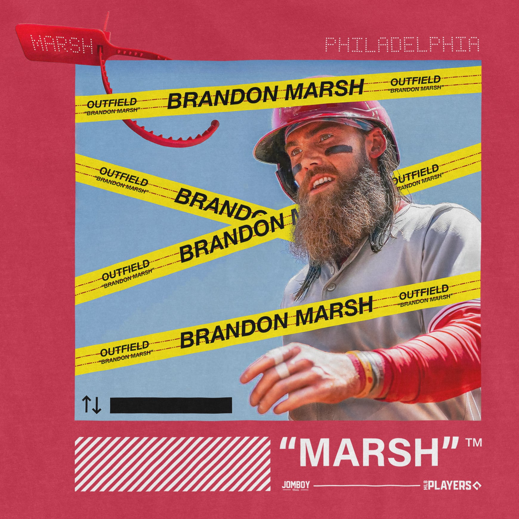 Off-White x Comfort Colors tee featuring a graphic of a man in a helmet, with yellow "Brandon Marsh" and "Outfield" tape overlays.