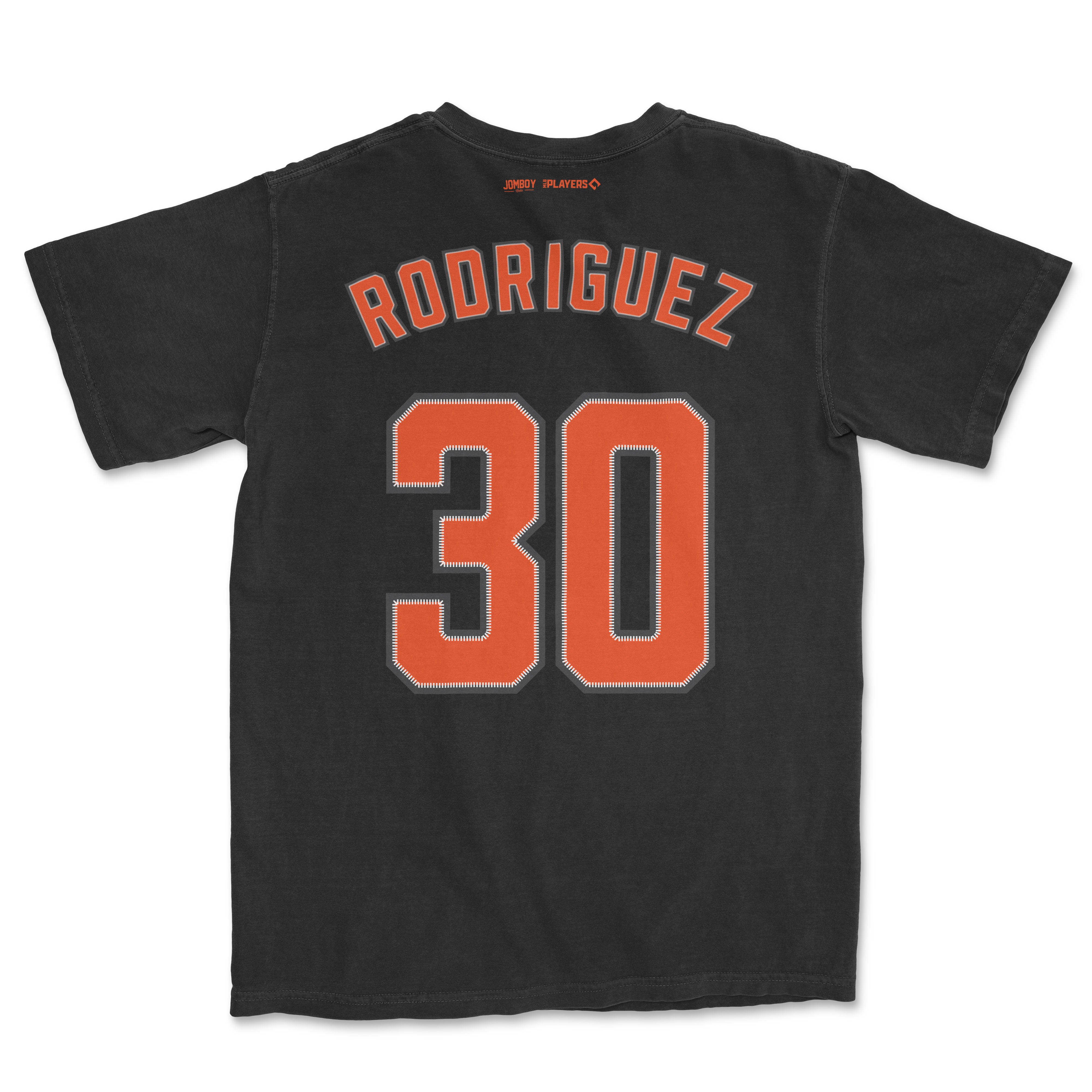 Black Comfort Colors tee featuring "Rodriguez 30" in orange and gray lettering on the back, with small brand logos near the neckline.