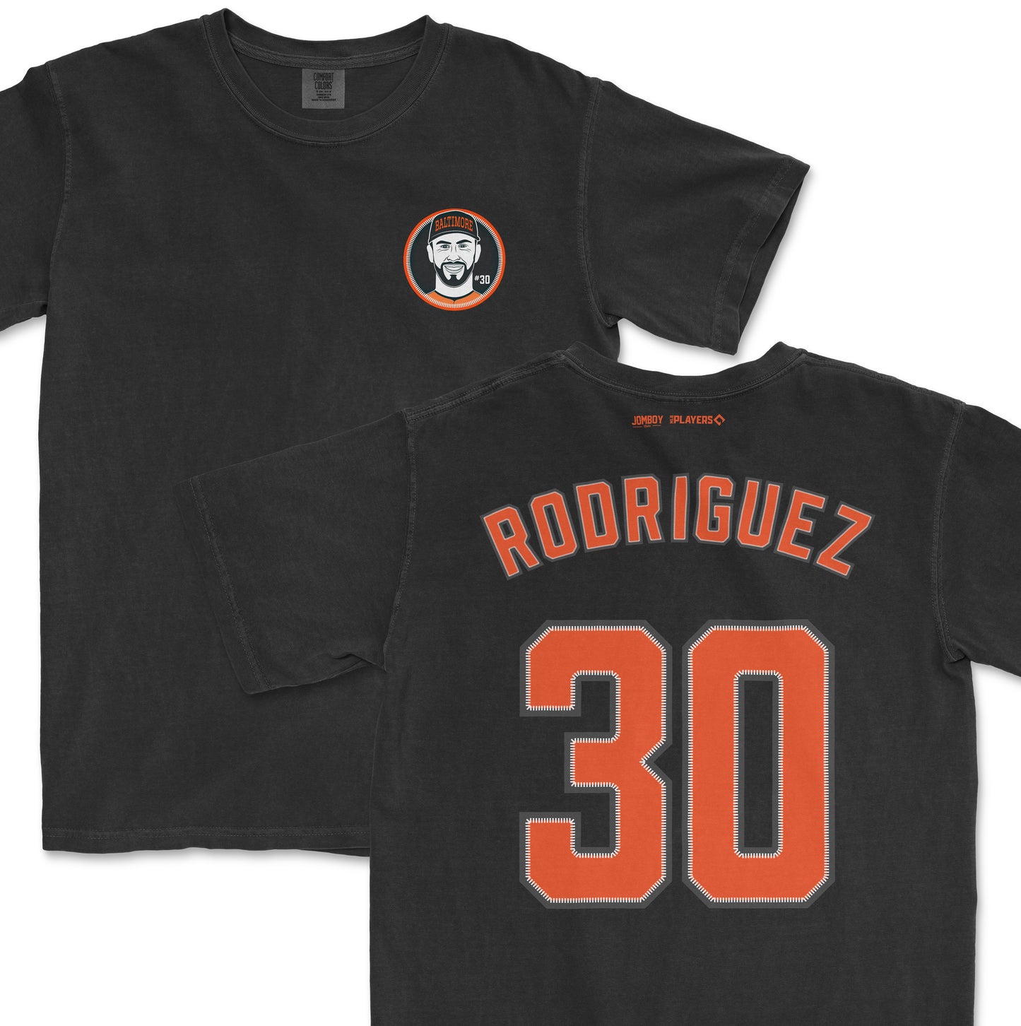 Black Comfort Colors tee featuring a Baltimore baseball team logo on the front and "Rodriguez 30" jersey-style print on the back.
