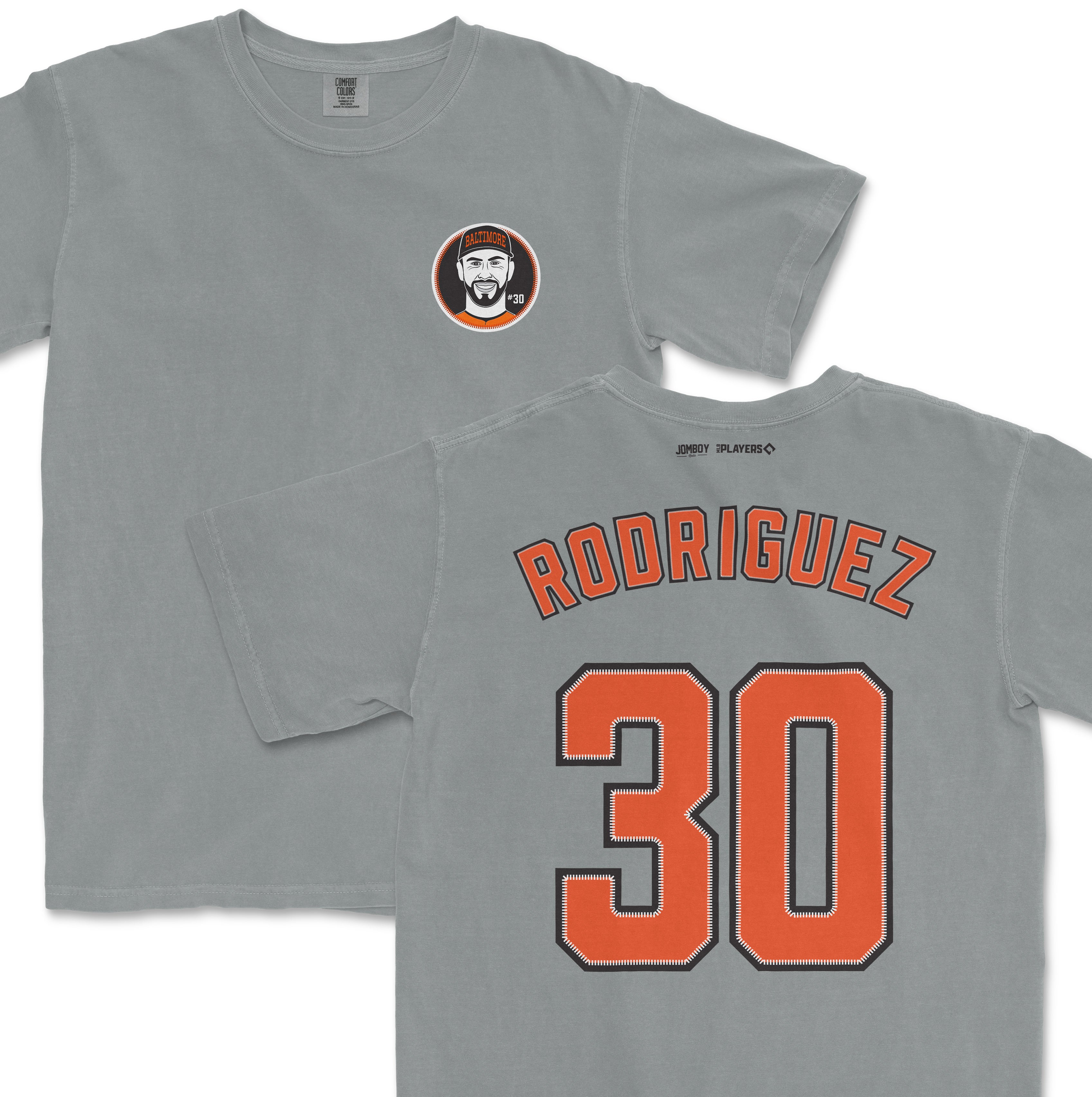 Gray Comfort Colors tee featuring a Grayson Rodriguez shirsey design with team name, number, and logo on the front and back.