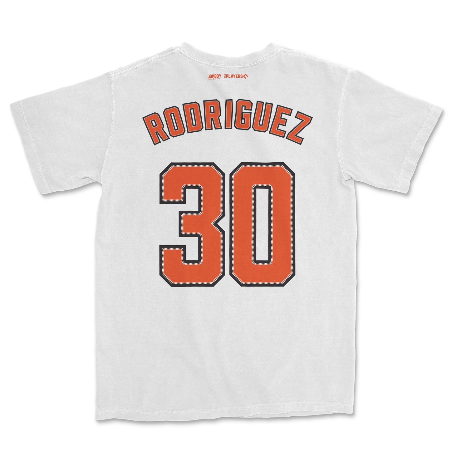 White Comfort Colors tee featuring "Rodriguez 30" in bold orange and black lettering, with additional team logos on the back.