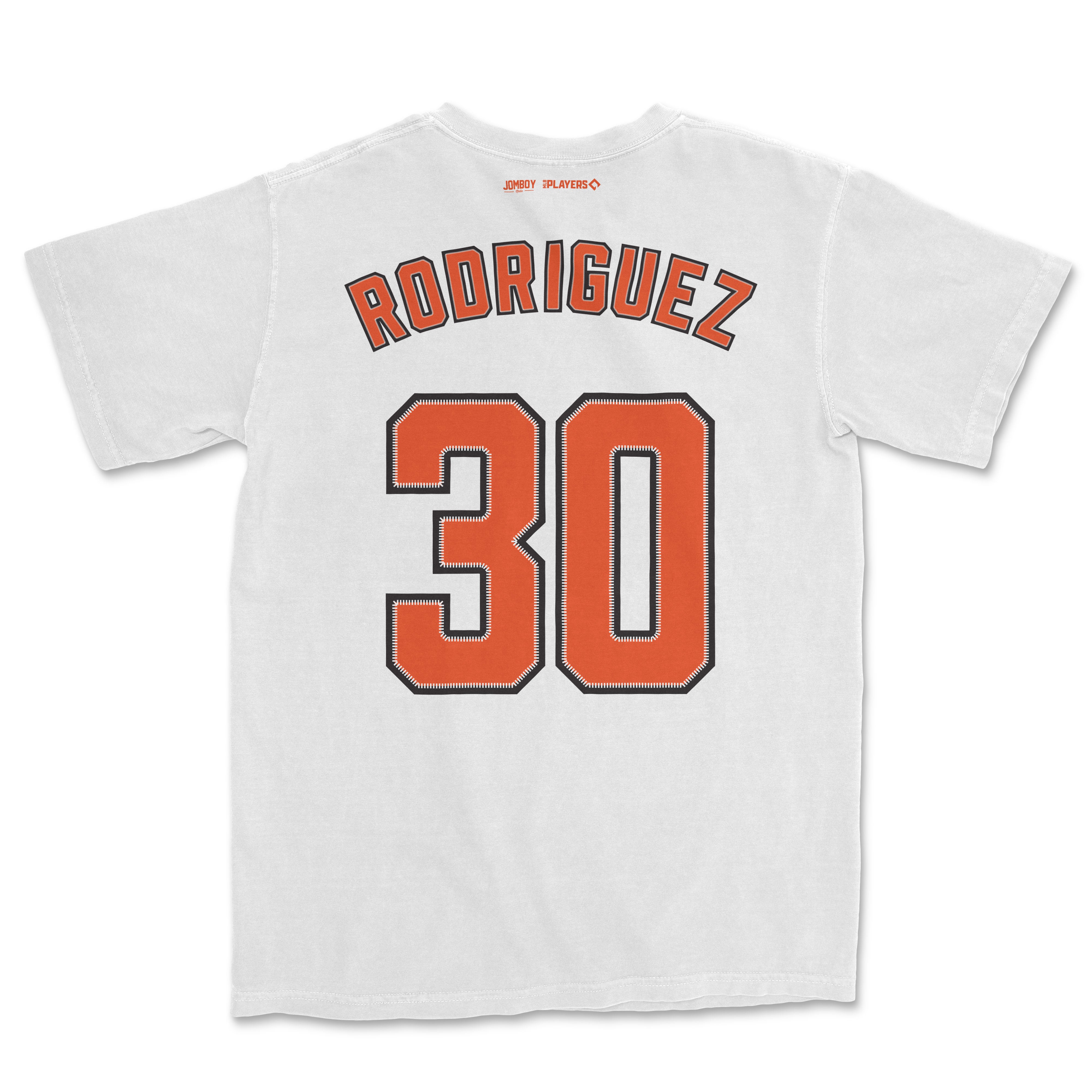 White Comfort Colors tee featuring "Rodriguez 30" in bold orange and black lettering, with additional team logos on the back.