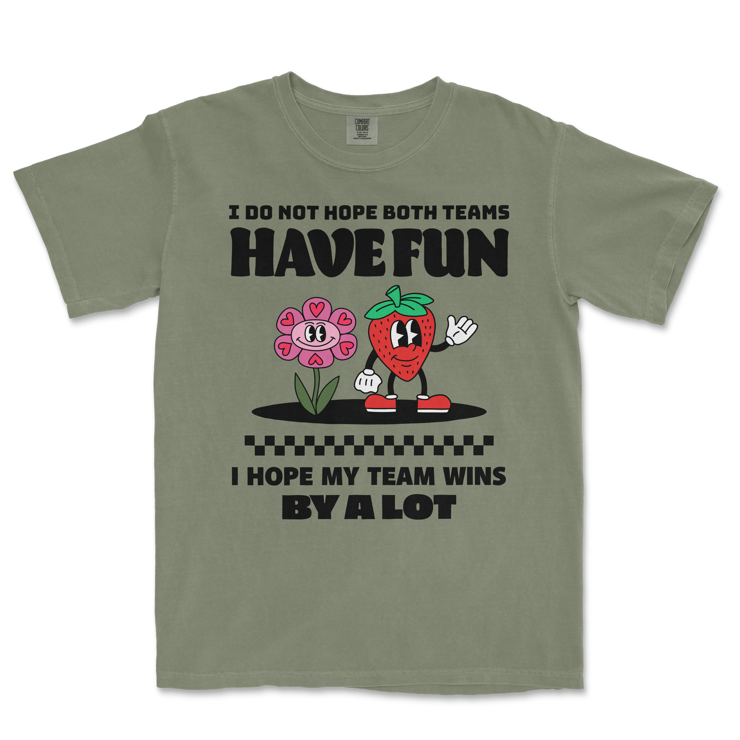 Comfort Colors green T-shirt with playful cartoon strawberry and flower, featuring text about team winning and having fun.