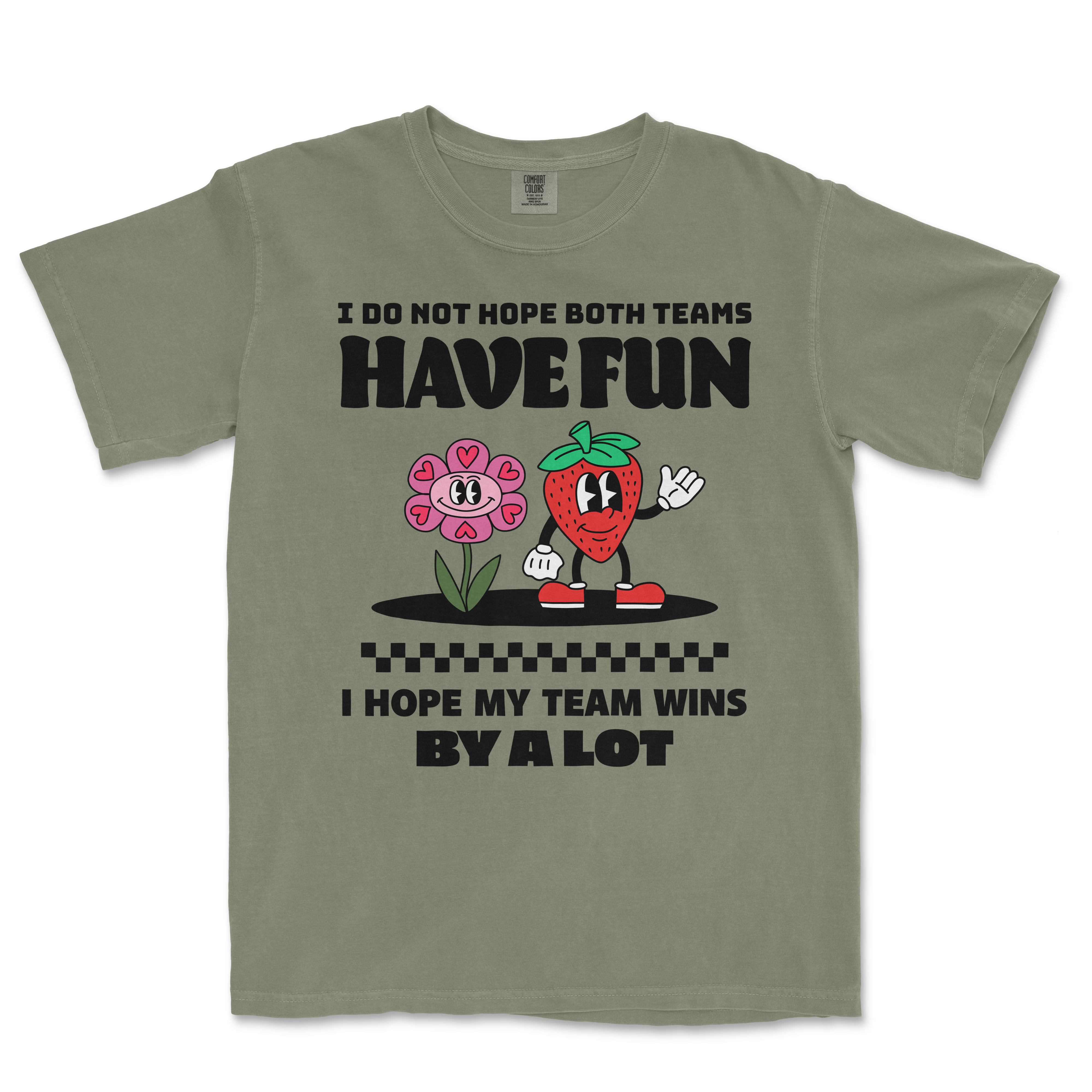 Comfort Colors green T-shirt with playful cartoon strawberry and flower, featuring text about team winning and having fun.