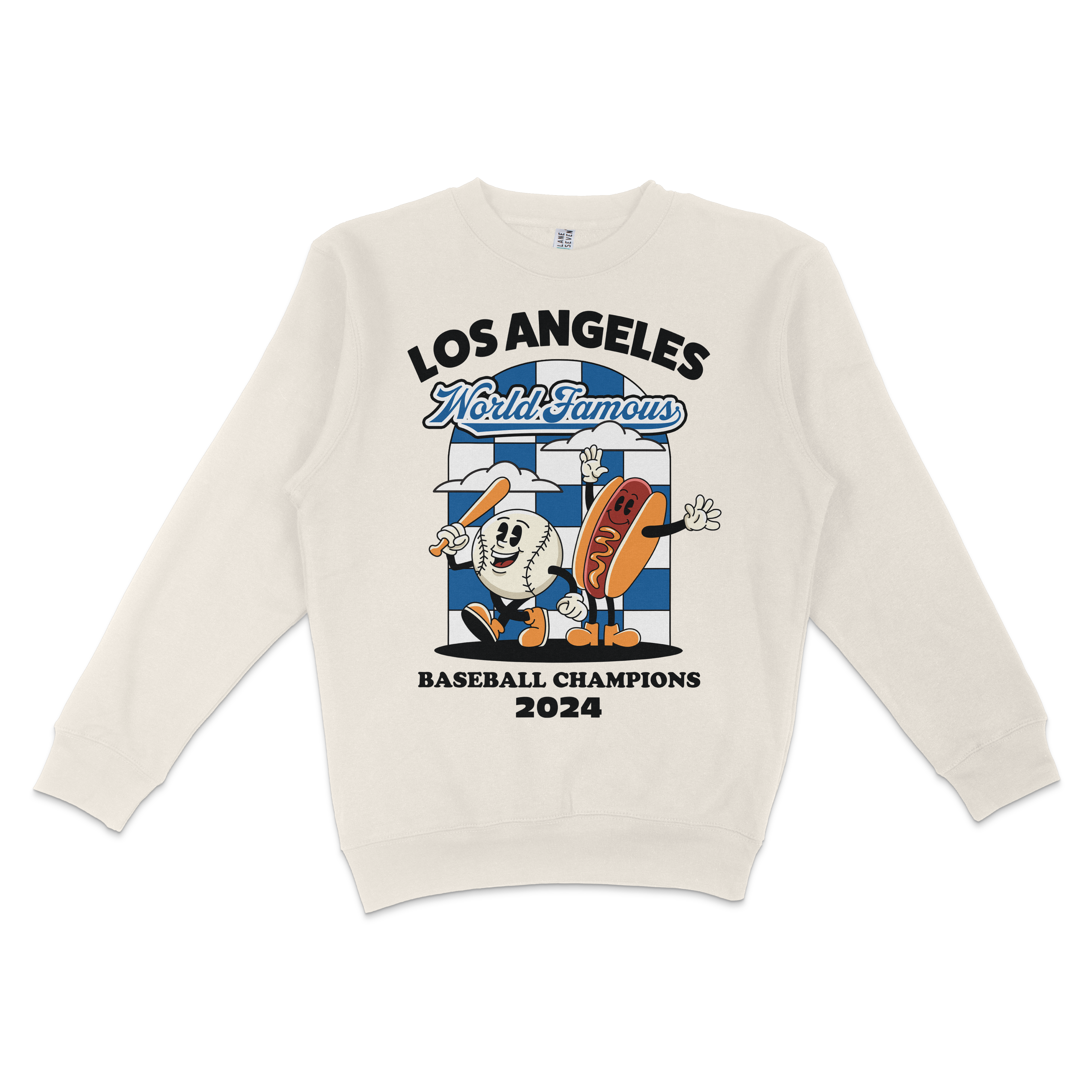 White crewneck sweatshirt featuring cartoon baseball and hot dog characters, "Los Angeles World Famous Baseball Champions 2024" design.