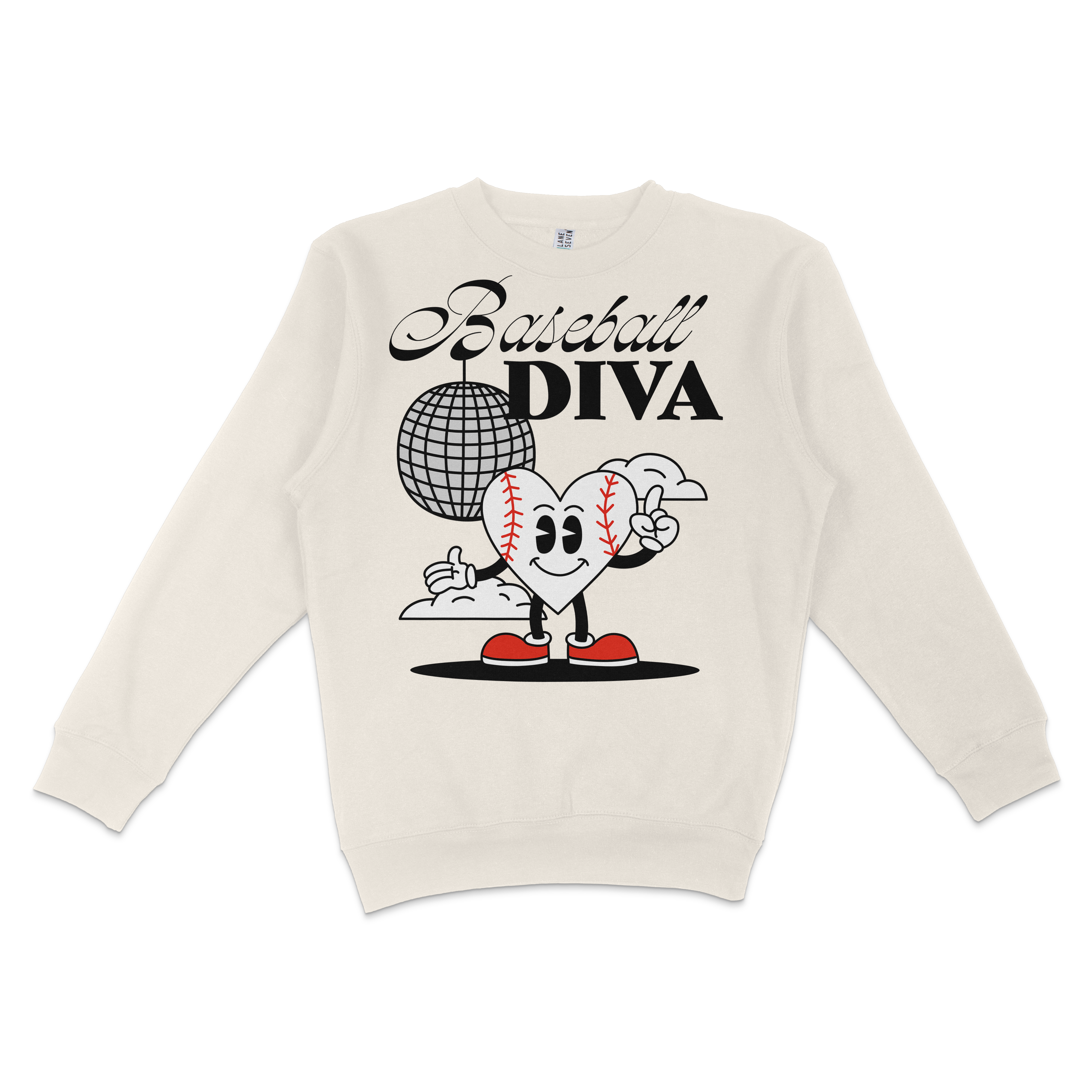 White crewneck sweatshirt featuring a cartoon heart with baseball stitching, sneakers, and the text "Baseball Diva" in black script and block fonts.