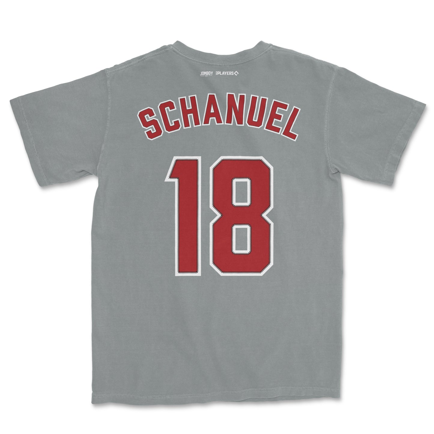 Gray Comfort Colors T-shirt featuring "Schanuel 18" in red and white lettering on the back, with small brand logos near the collar.