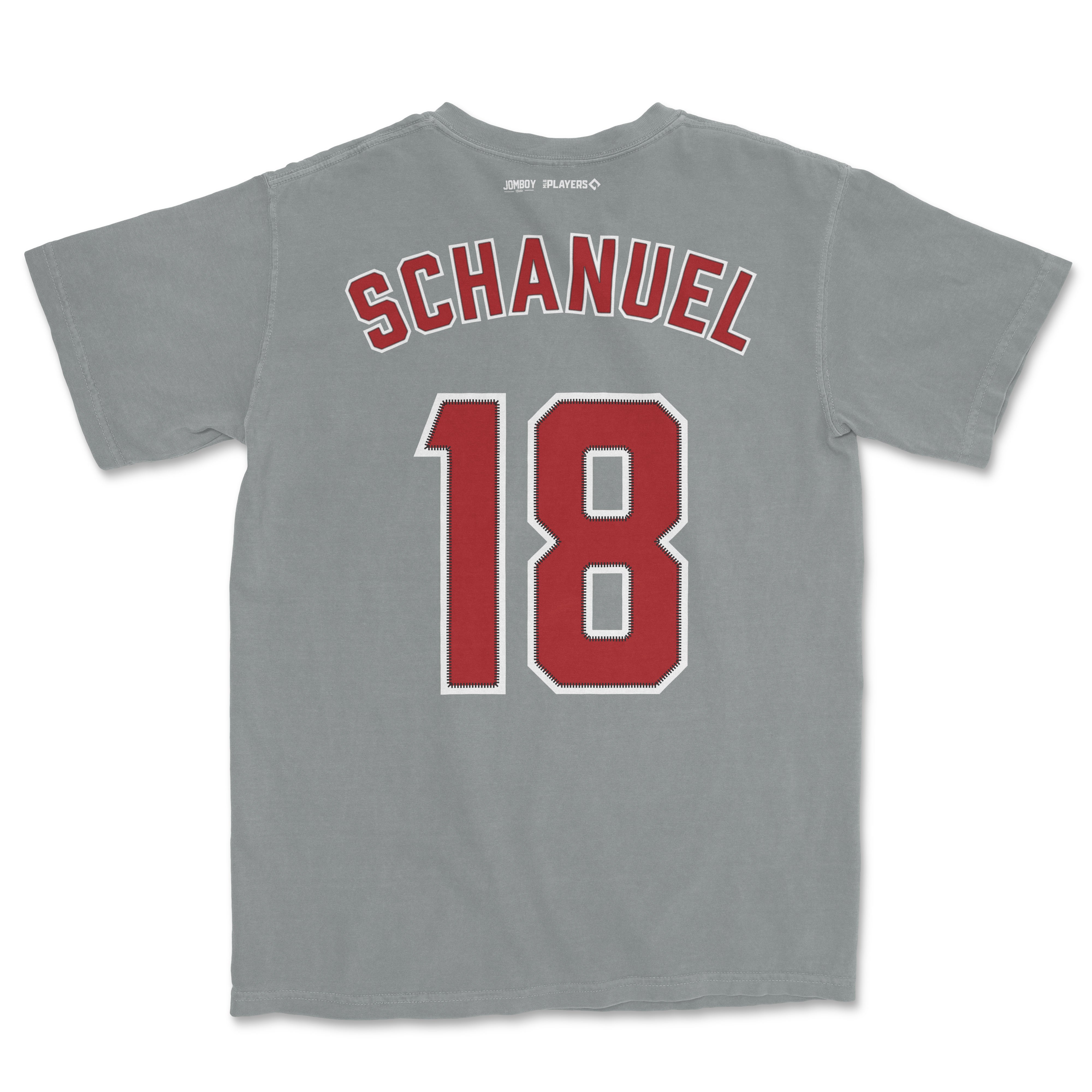 Gray Comfort Colors T-shirt featuring "Schanuel 18" in red and white lettering on the back, with small brand logos near the collar.