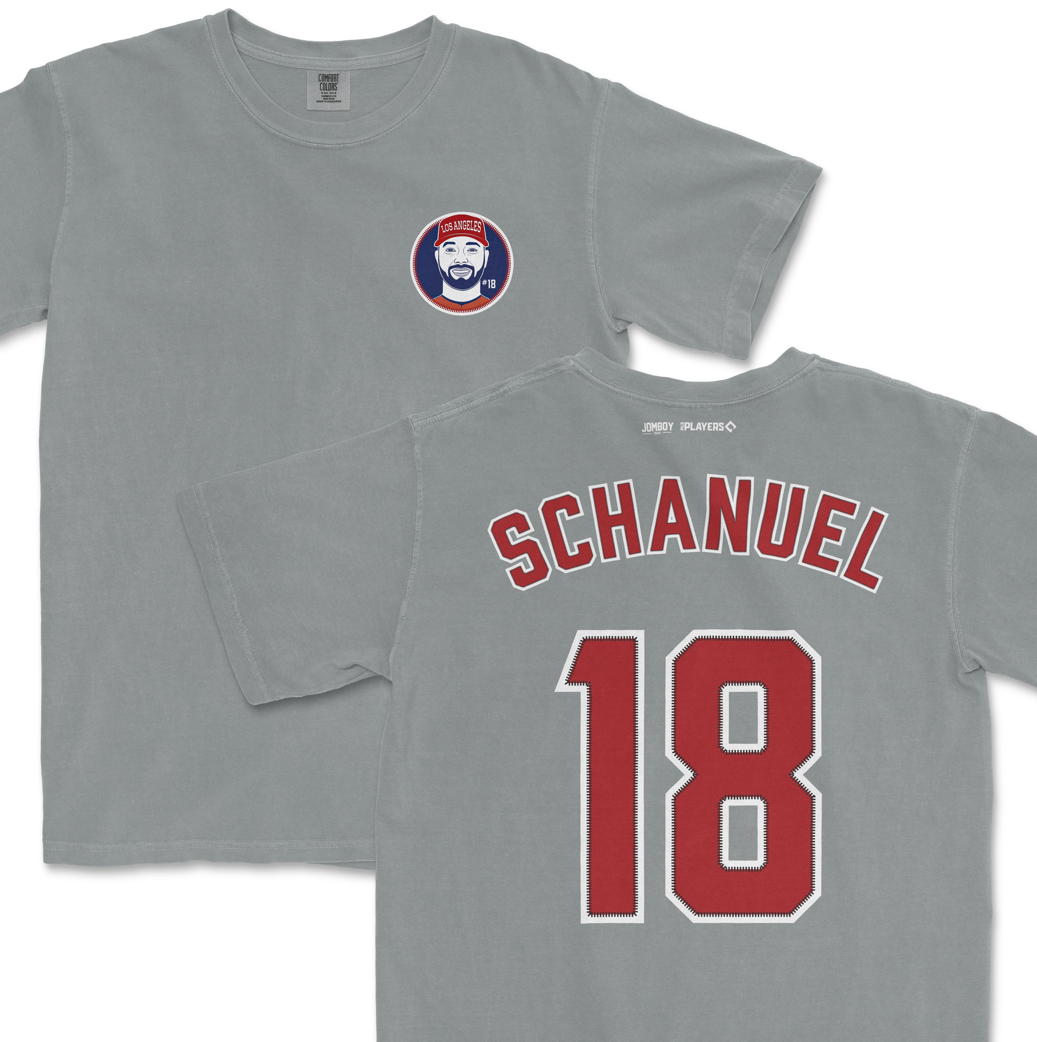 Gray Comfort Colors T-shirt featuring Nolan Schanuel's name and number 18 on the back, with a Los Angeles-themed graphic on the front.