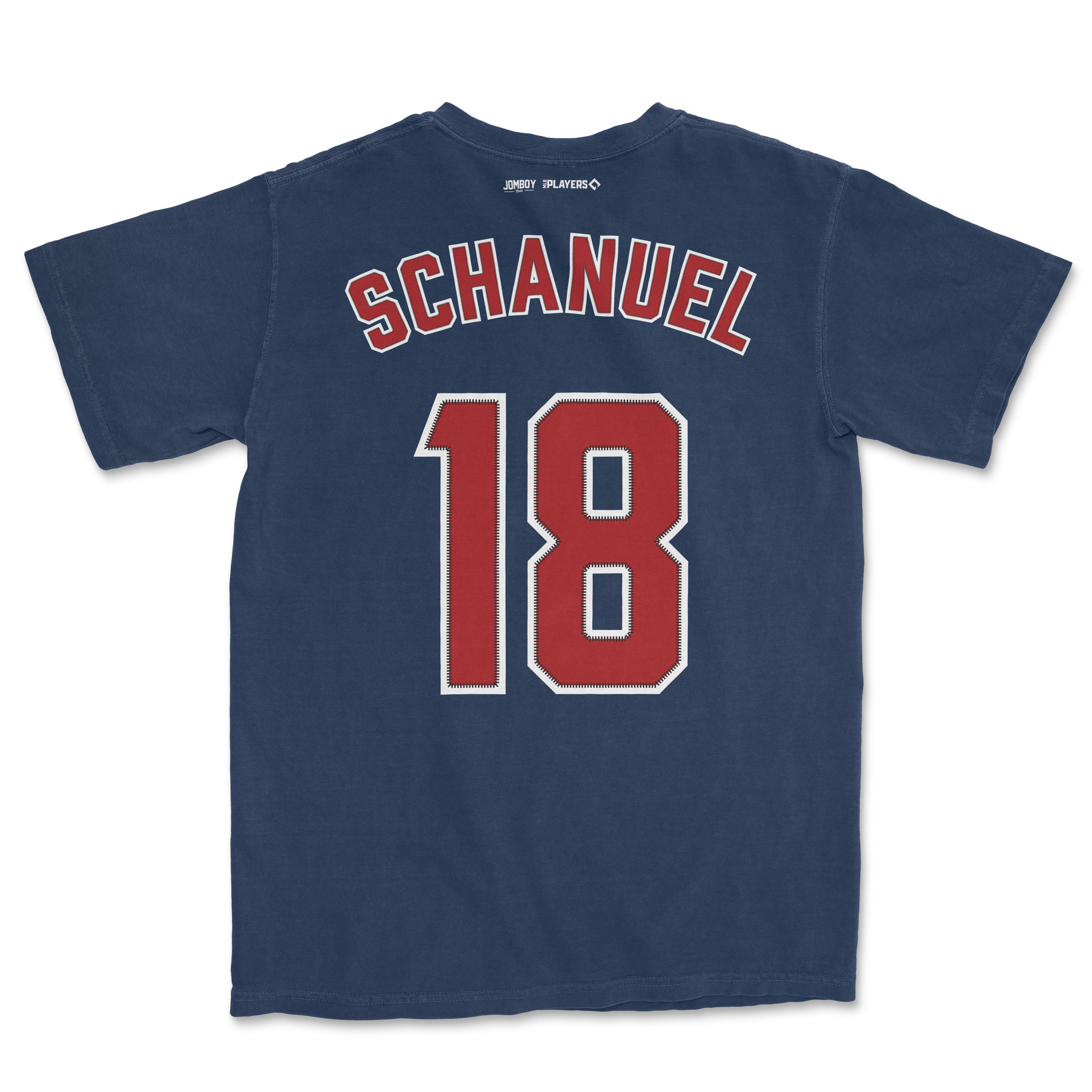 Nolan Schanuel baseball jersey-style T-shirt in Comfort Colors, navy blue with red and white lettering and number 18 on the back.