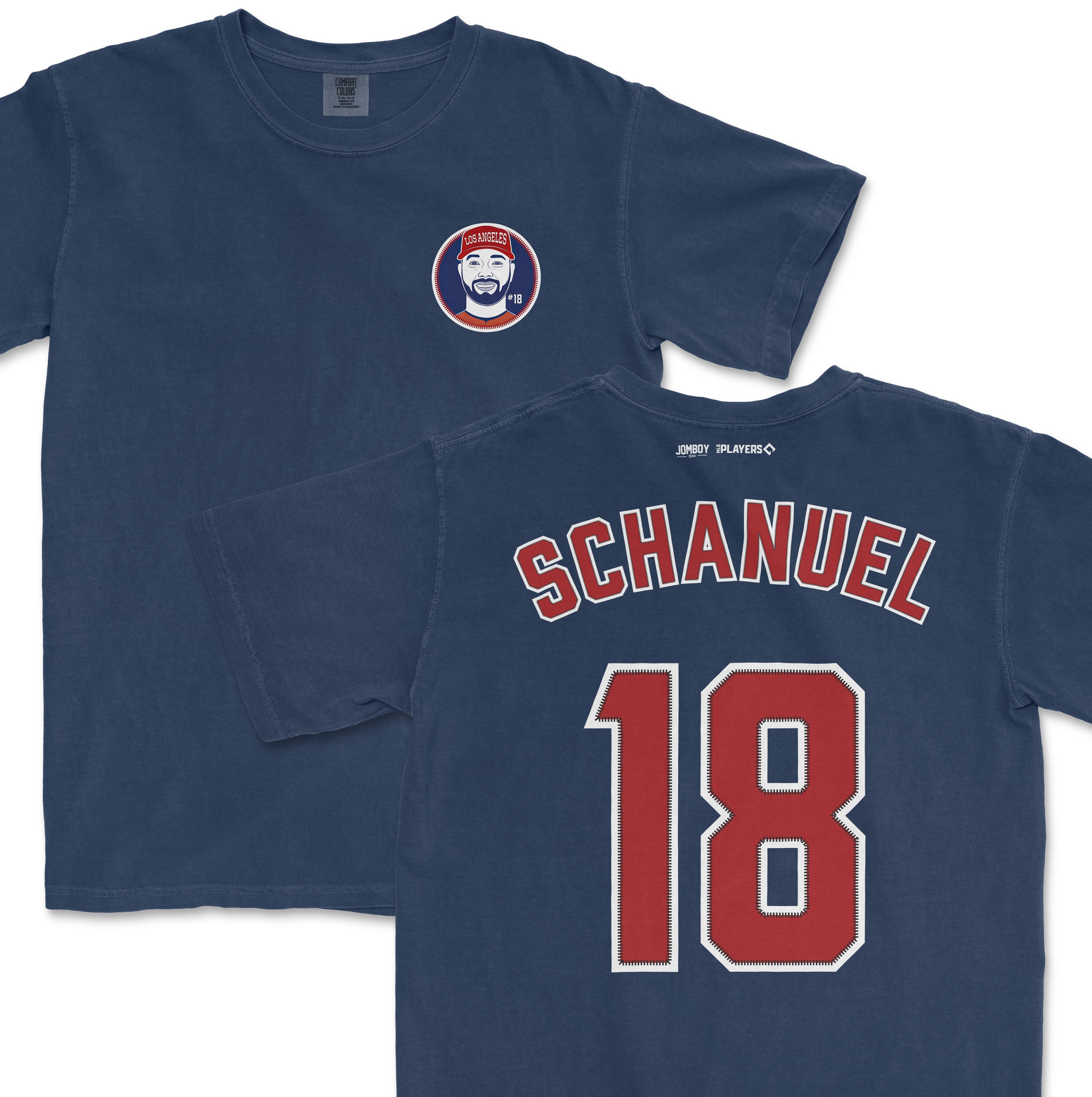 Nolan Schanuel baseball shirsey printed on a Comfort Colors tee, featuring his name and number 18 on the back.