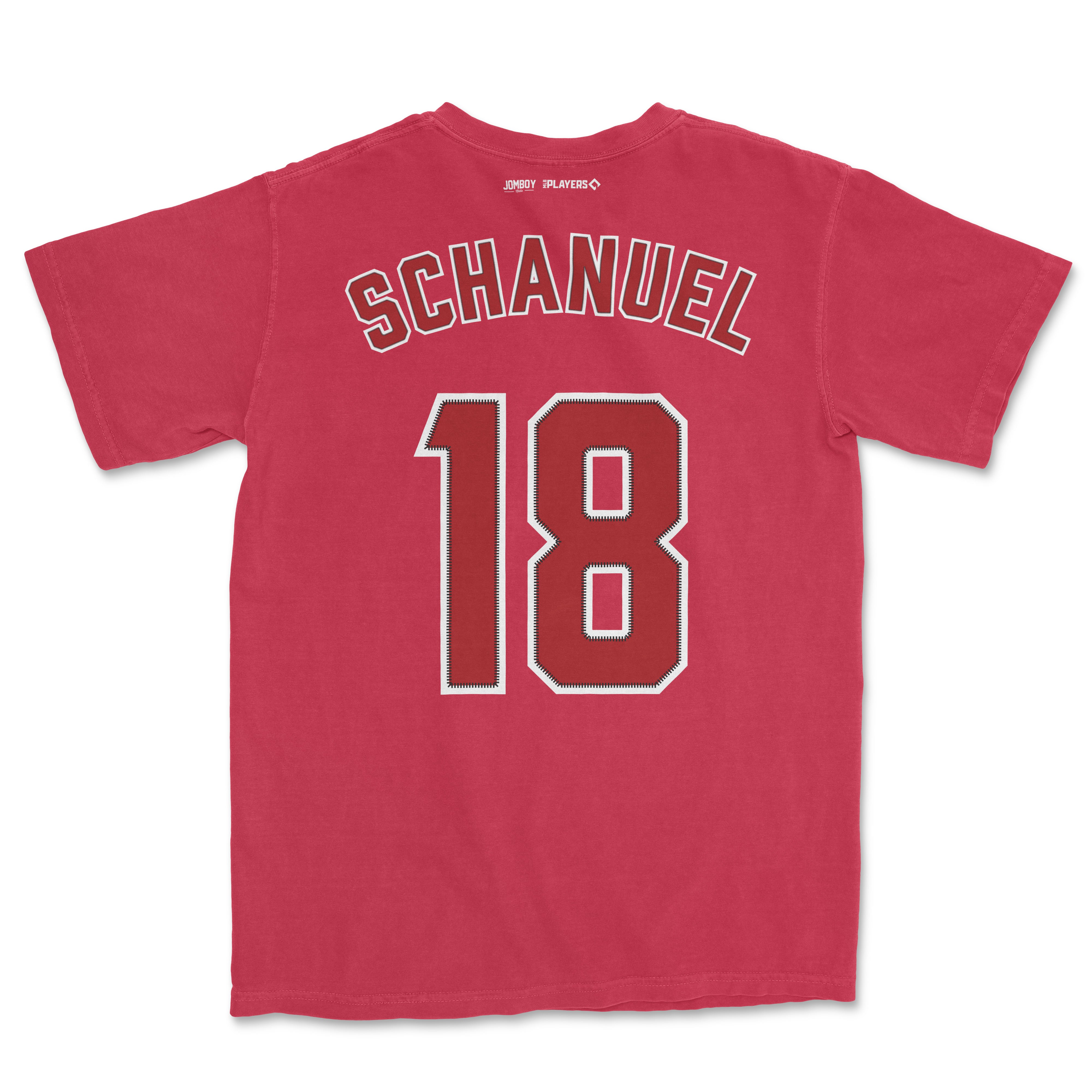 Red Comfort Colors T-shirt featuring "Schanuel 18" in large, outlined lettering on the back, with small logos at the top.