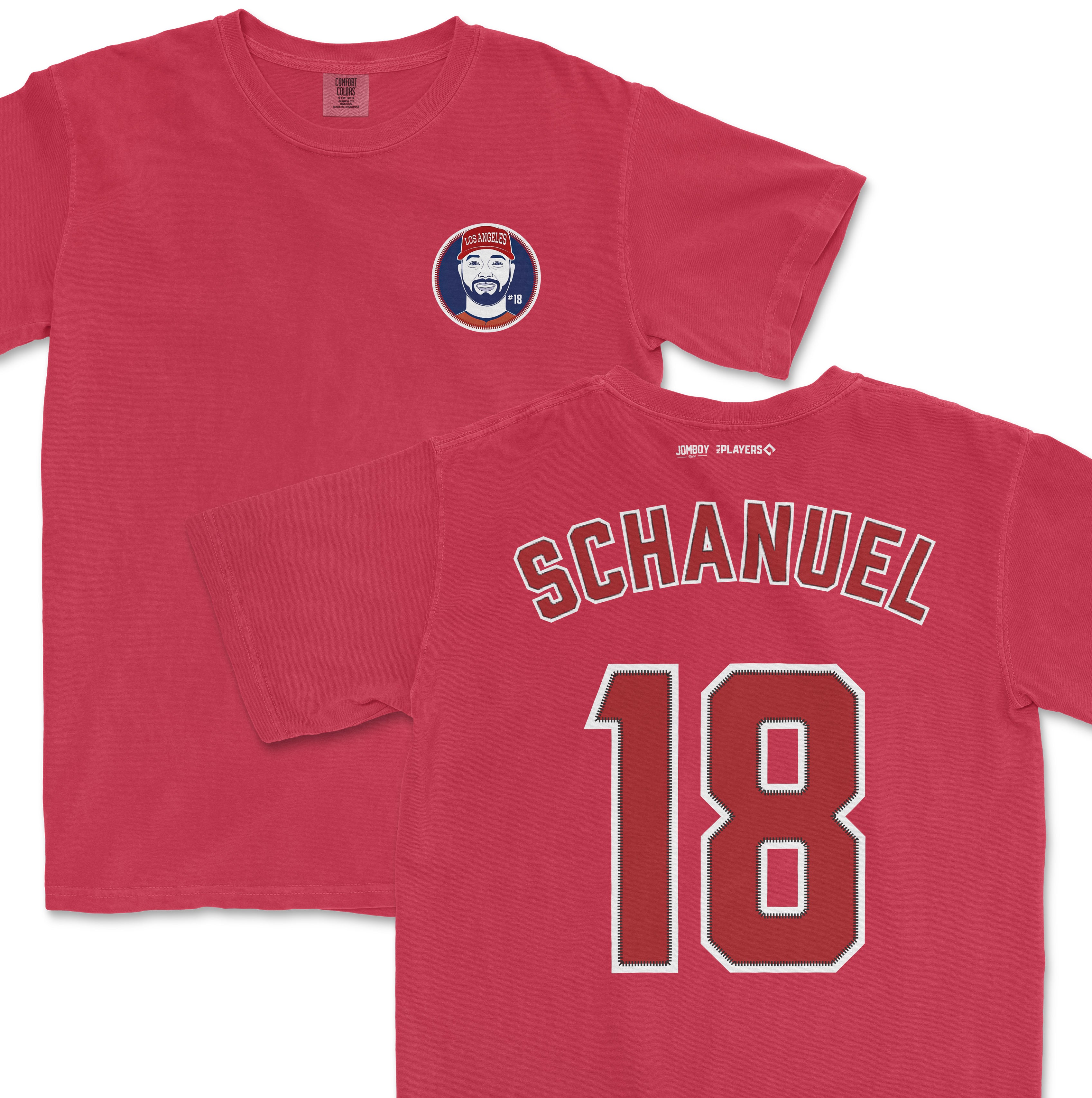 Red Comfort Colors tee featuring Nolan Schanuel's name, number 18, and a team logo on the front.