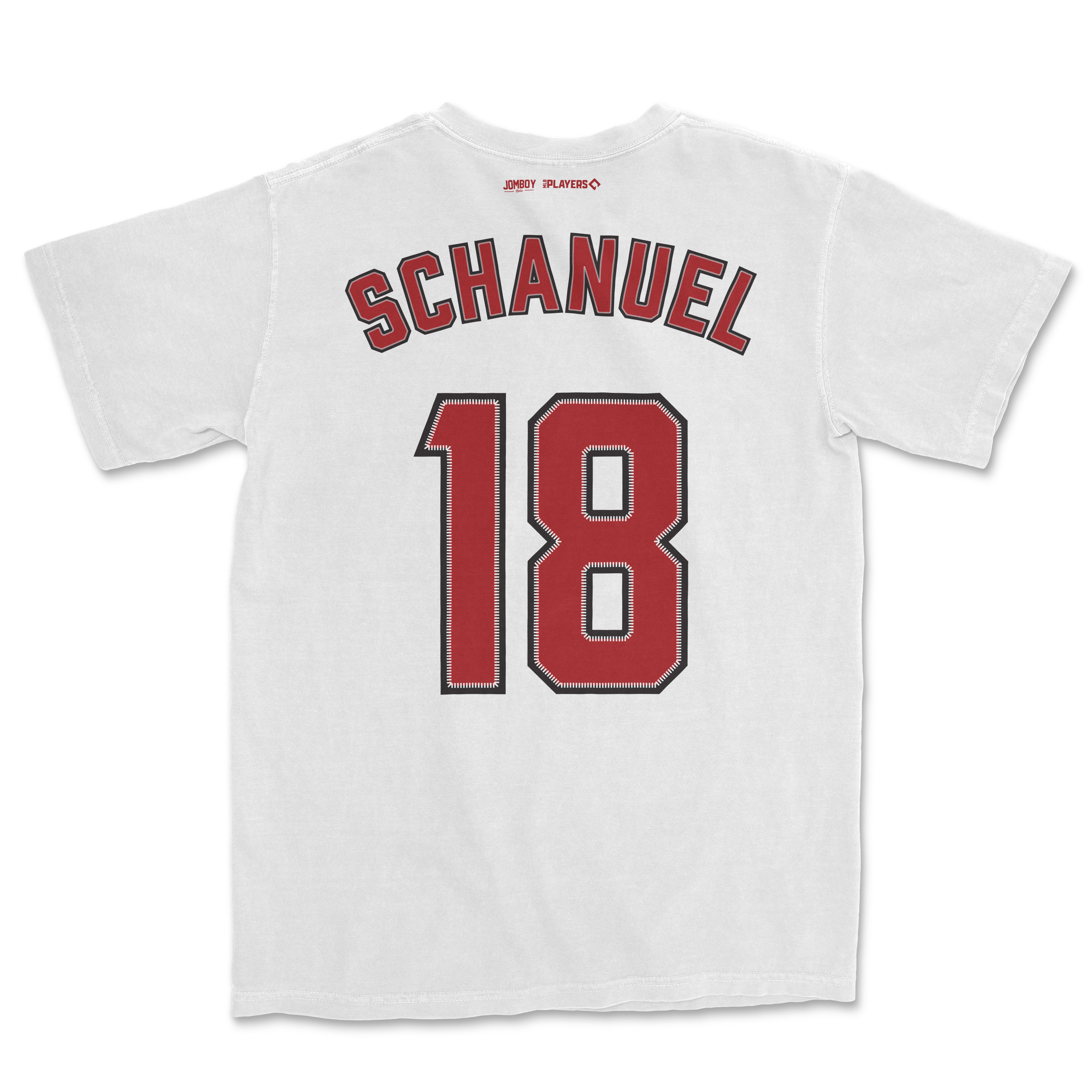 White Comfort Colors T-shirt featuring "Schanuel" and the number 18 in red and black lettering, with small sponsor logos above.