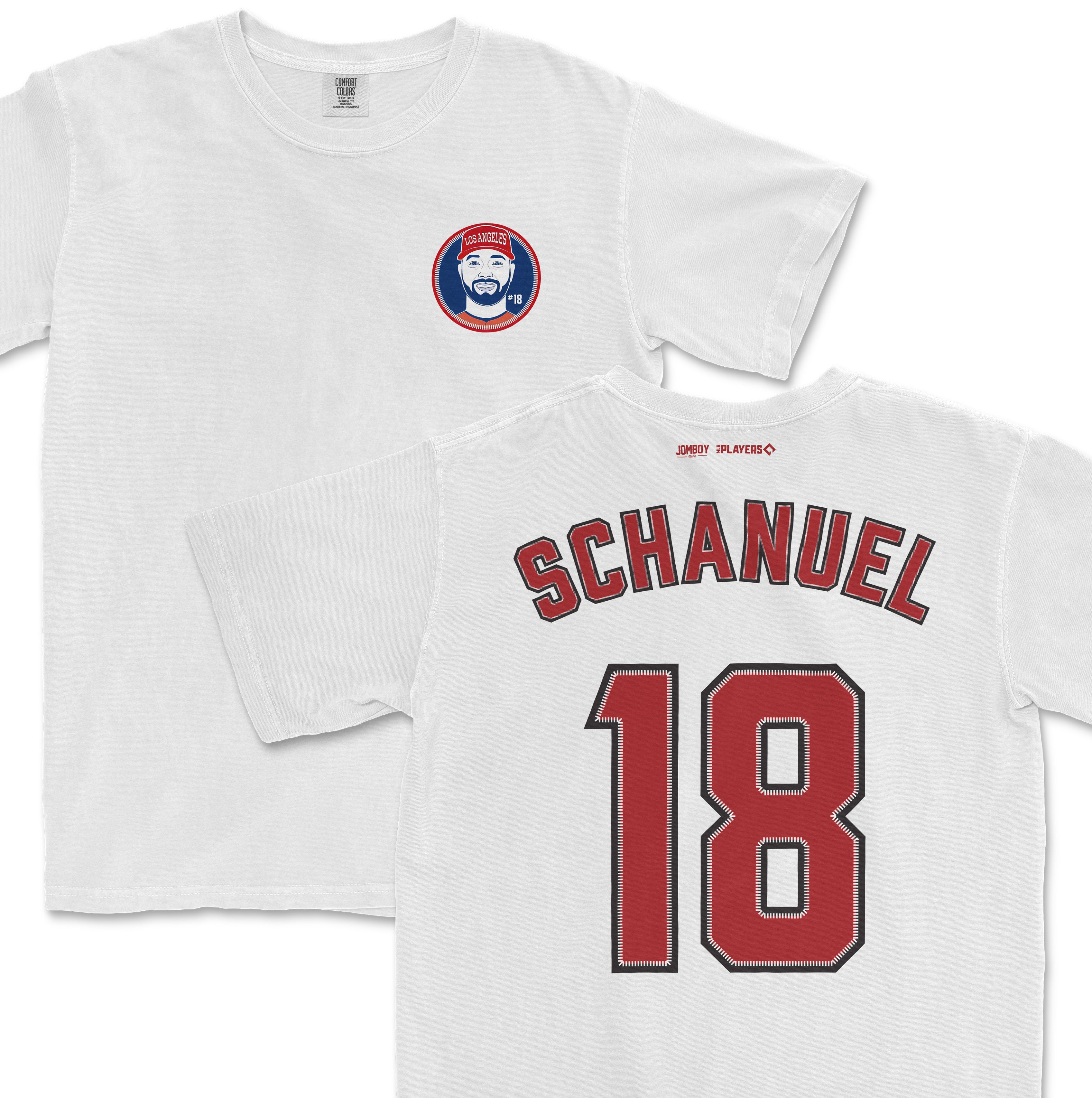 White Comfort Colors T-shirt featuring Nolan Schanuel's name, number 18, and a Los Angeles logo on the front.