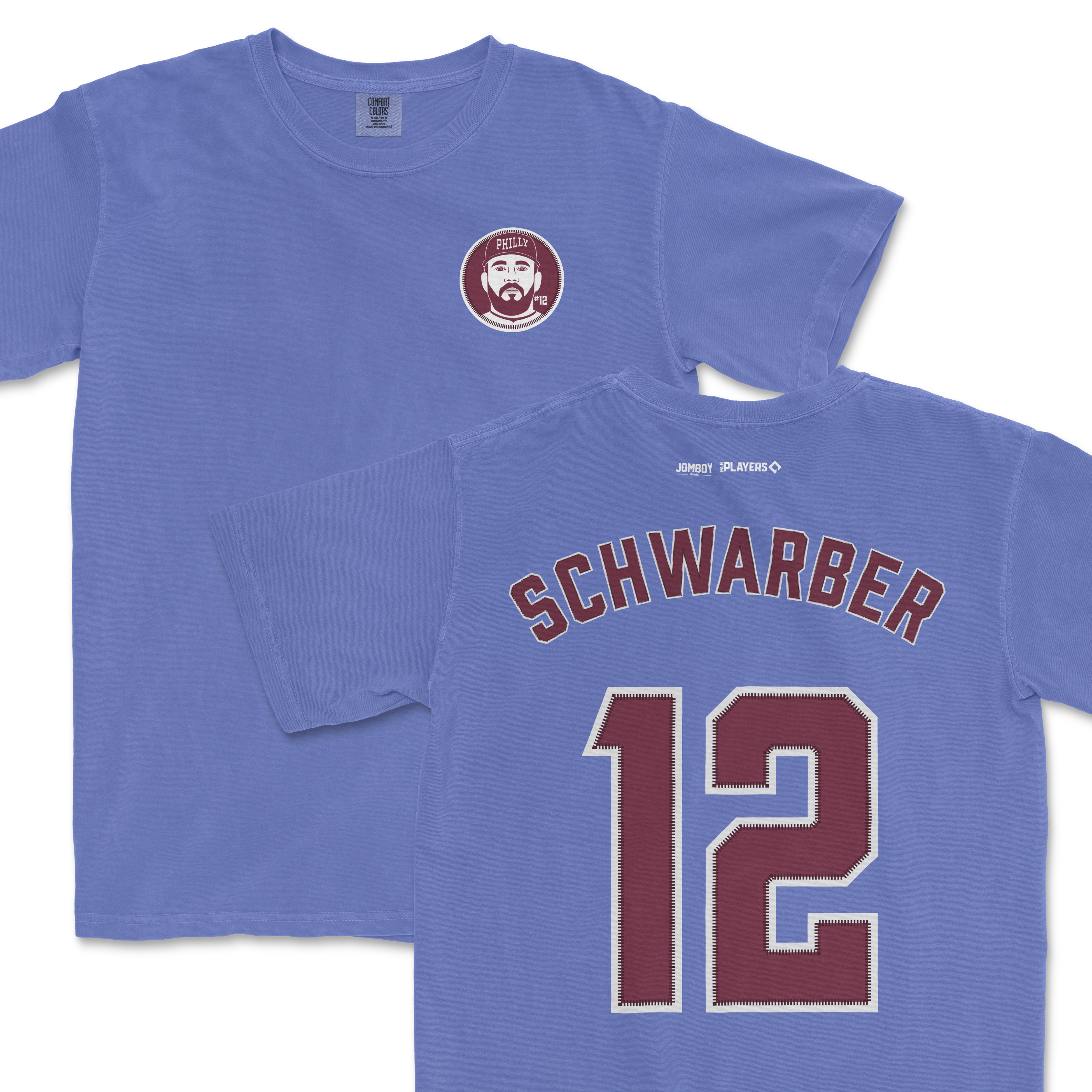 Blue Comfort Colors tee featuring Kyle Schwarber's name and number 12 on the back, and a Phillies logo on the front.