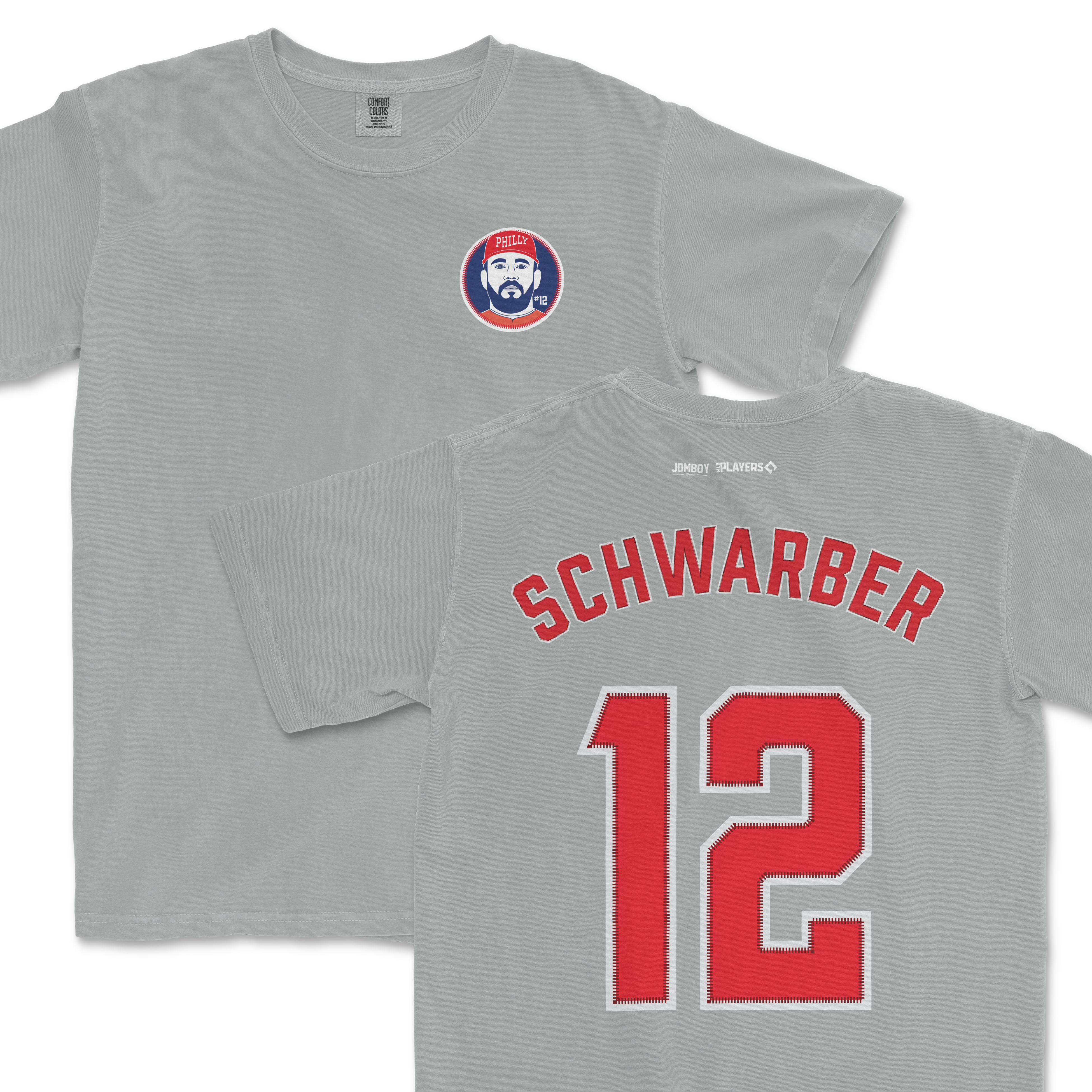 Gray Comfort Colors tee featuring a Kyle Schwarber design with his name, number 12, and a Philadelphia Phillies logo.