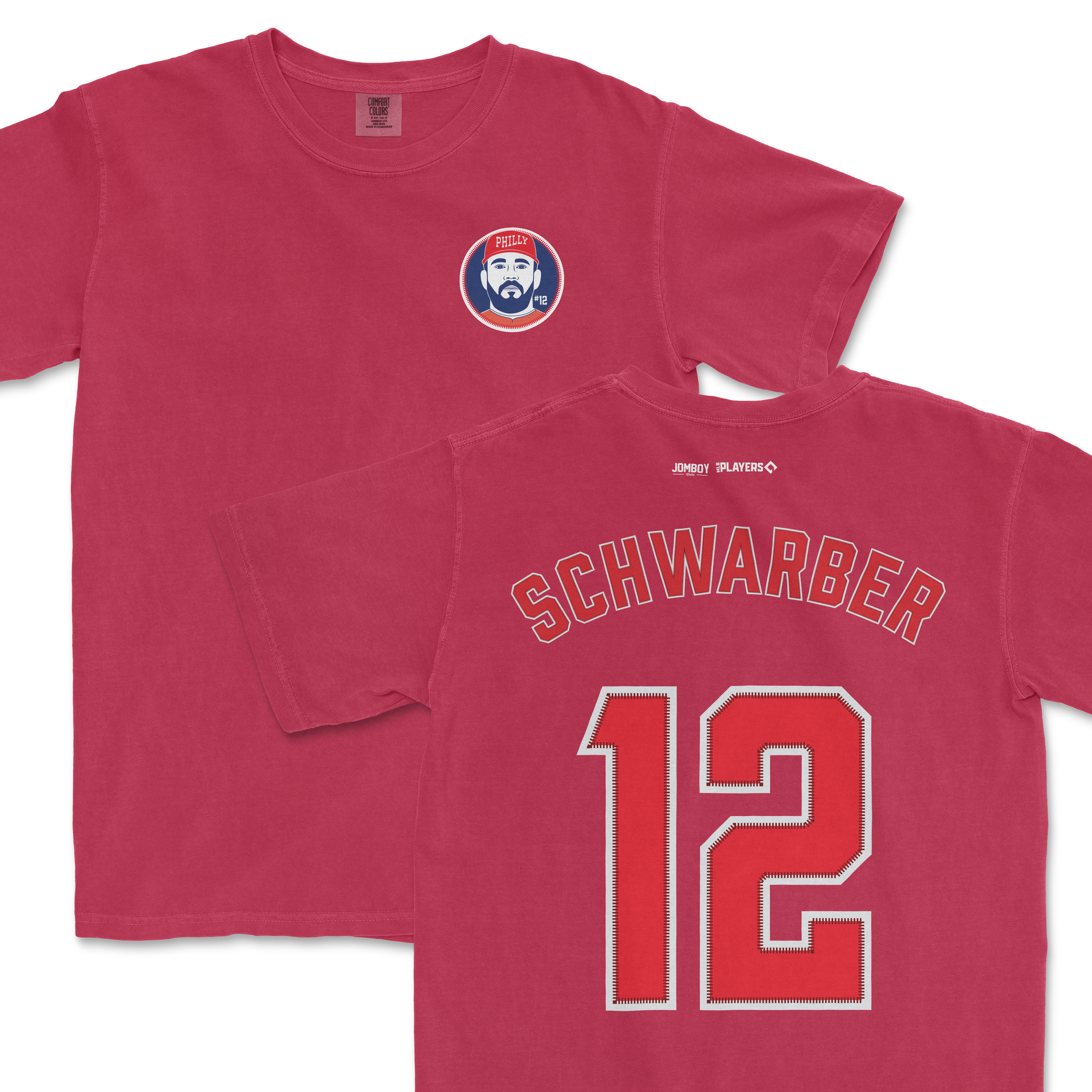 Red Comfort Colors tee featuring Kyle Schwarber's name, number 12, and a Phillies logo on the front.