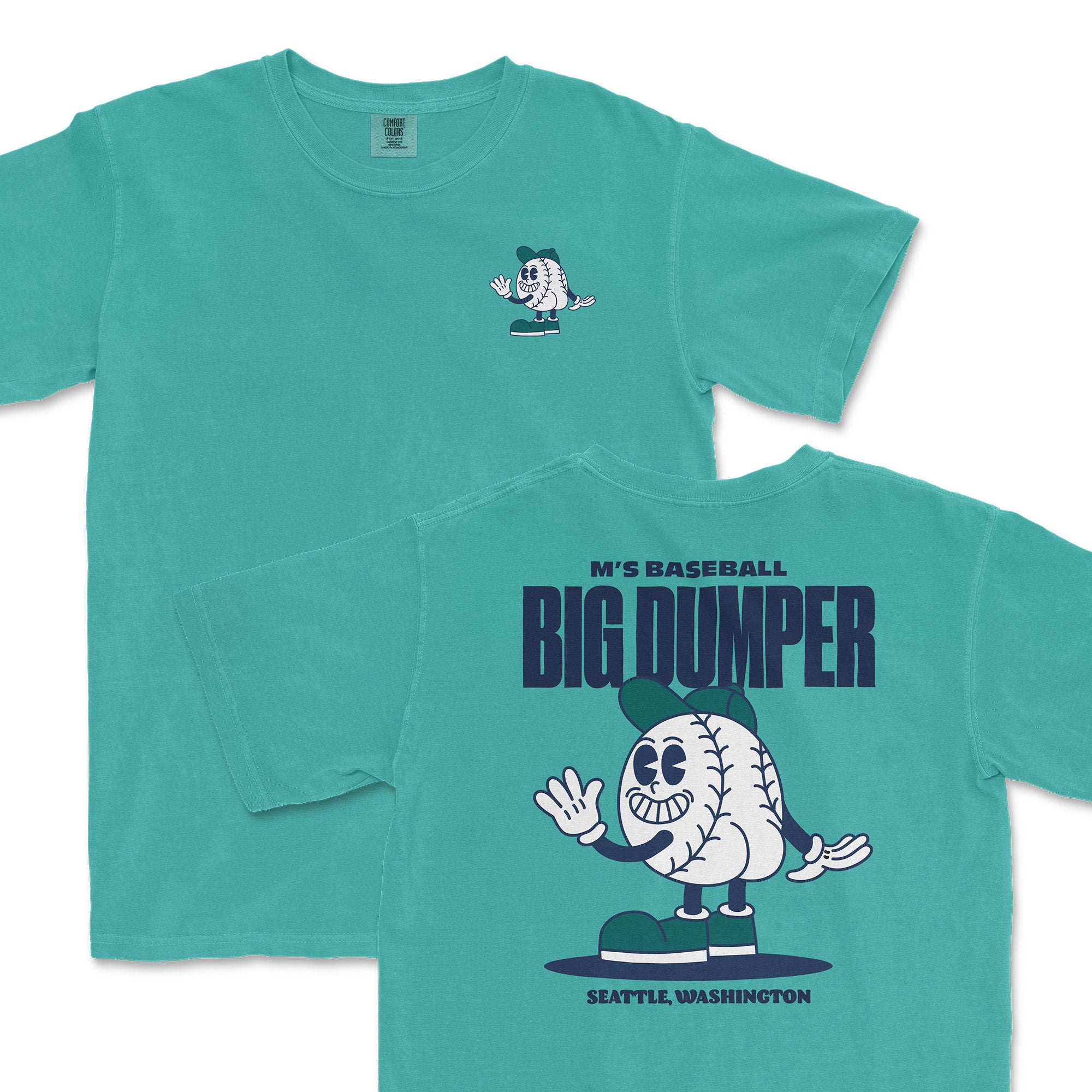 Teal t-shirt featuring a cartoon baseball character named Big Dumper, with playful graphics on the front and back.