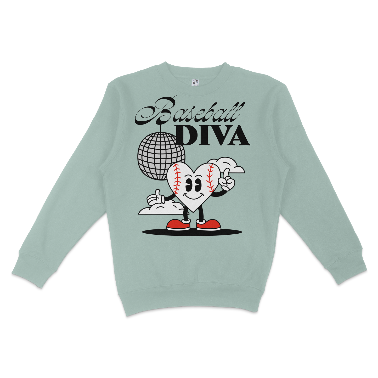Light green crewneck sweatshirt featuring a cartoon heart with baseball stitches, wearing sneakers, with "Baseball Diva" text above.